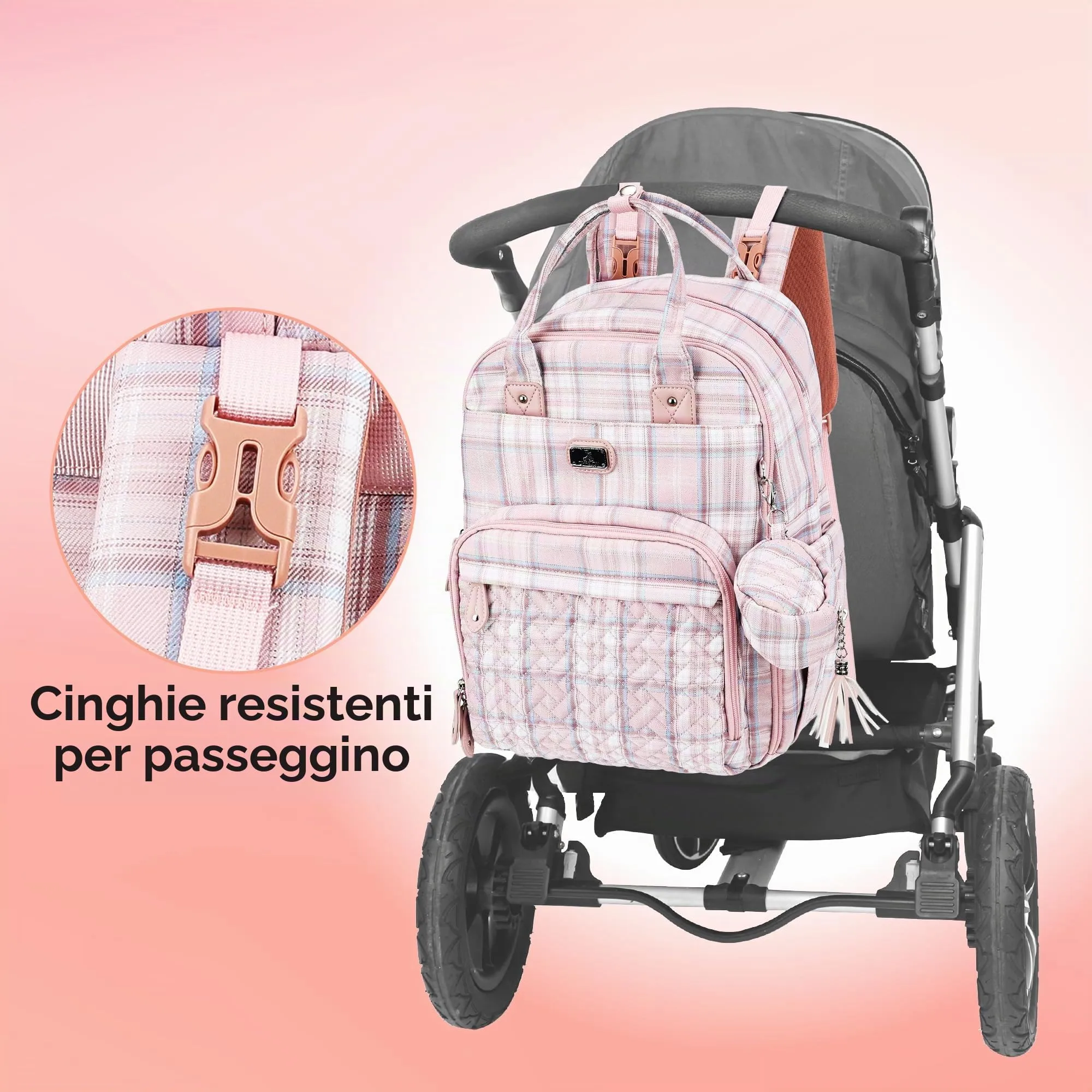 Dikaslon Zaino Fasciatoio Multifunzione con Fasciatoio Portatile e Porta Ciuccio, Strisce Rosa - immagine 6