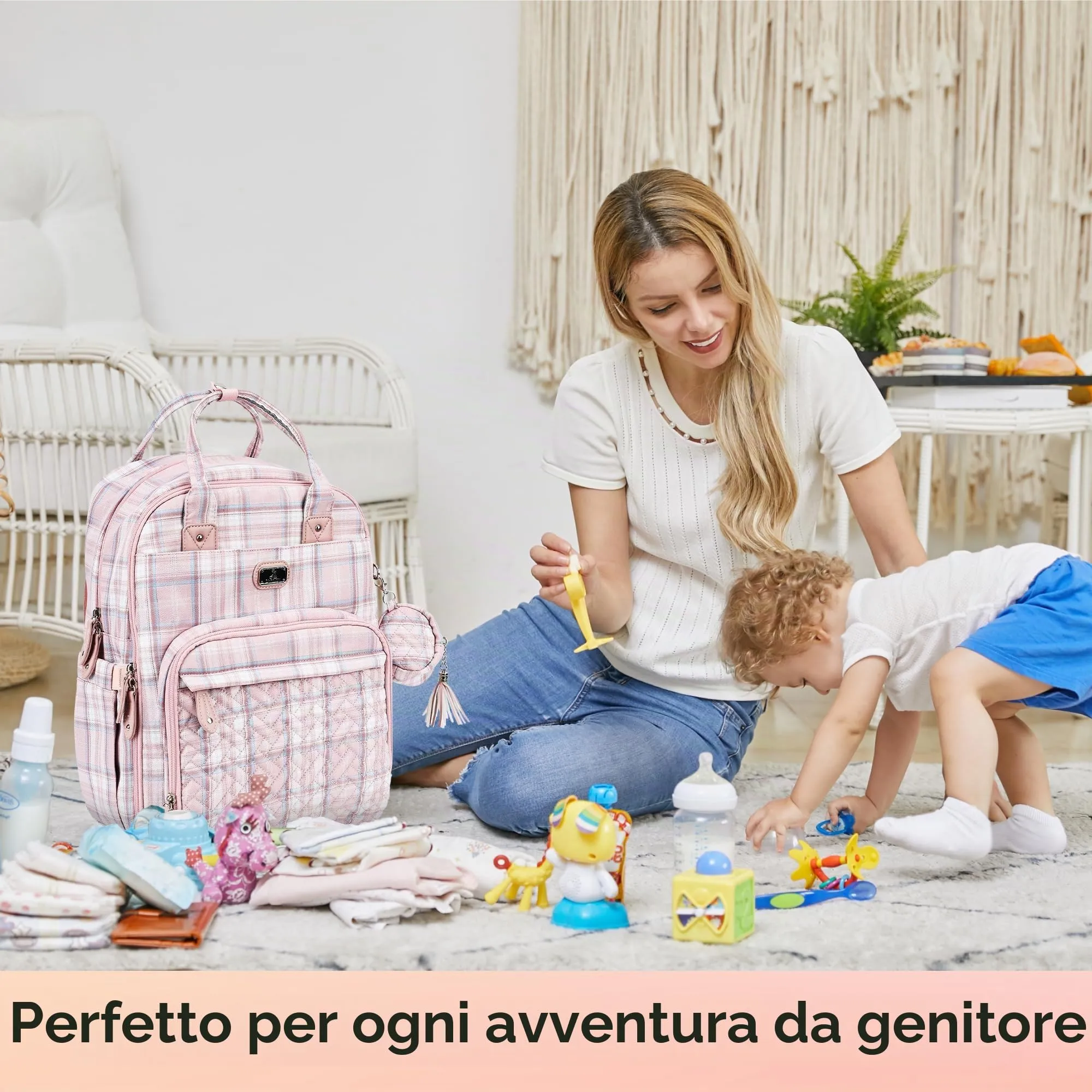 Dikaslon Zaino Fasciatoio Multifunzione con Fasciatoio Portatile e Porta Ciuccio, Strisce Rosa - immagine 7