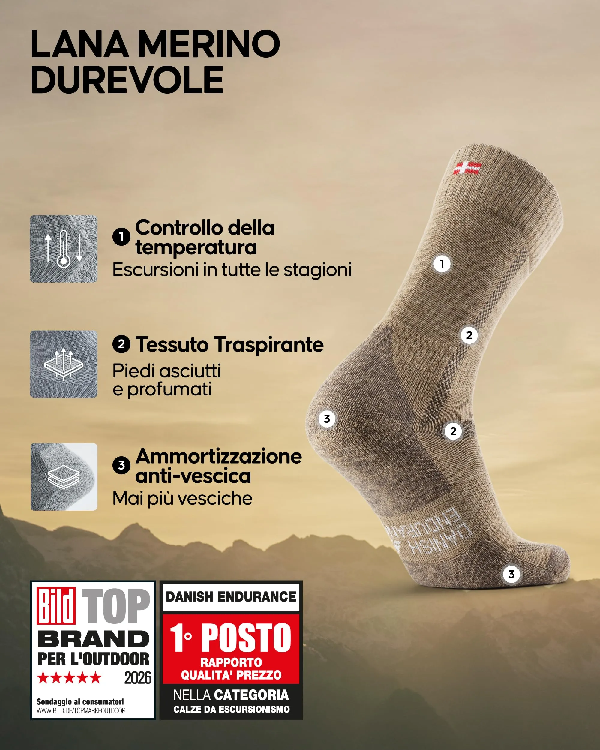 Danish Endurance Calze Trekking Lana Merino, 3 Paia, Beige, 35-38 - immagine 2