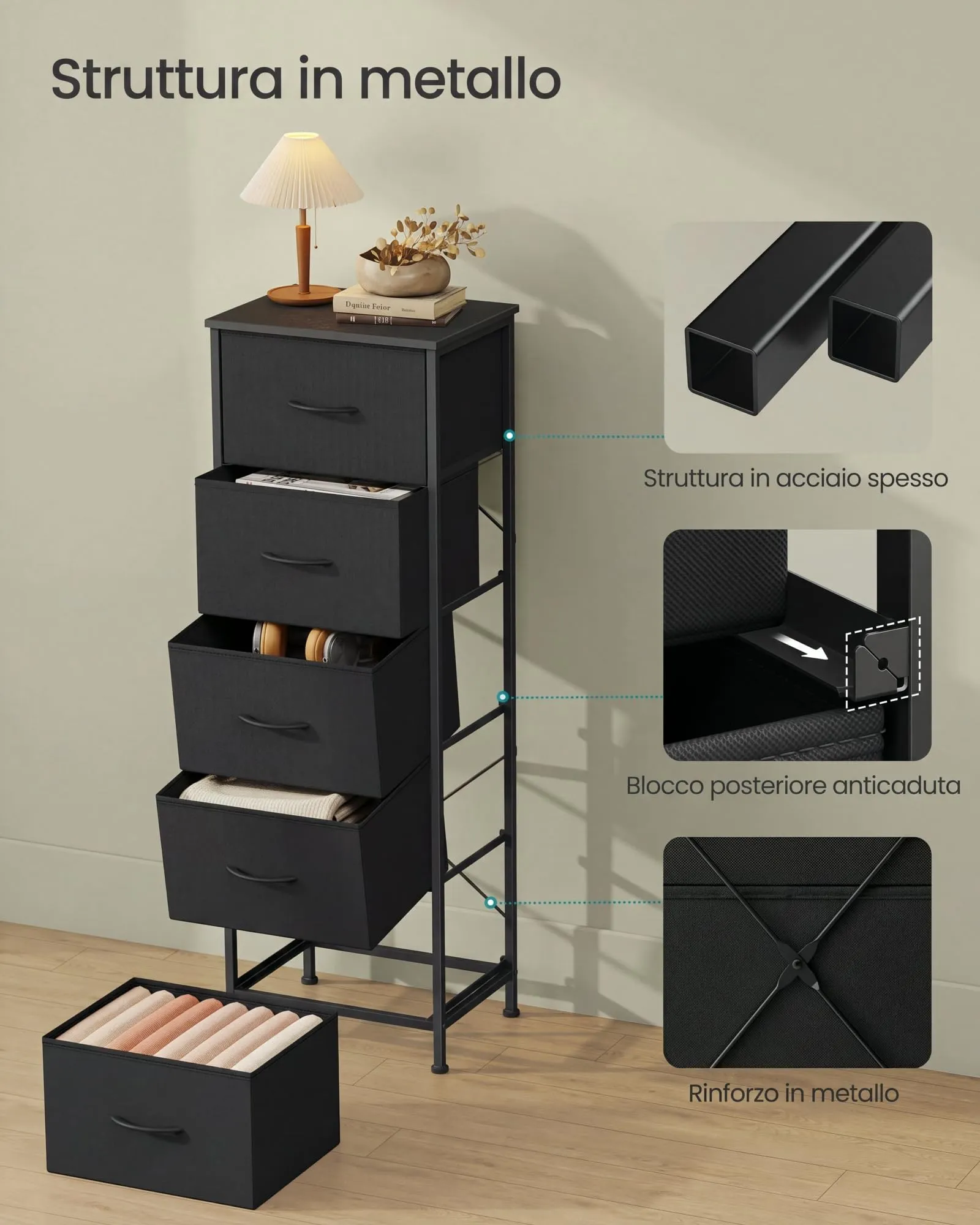 SONGMICS BELLAH Cassettiera con 5 Cassetti, Nero Inchiostro e Nero Ebano LGS315BH03 - immagine 6
