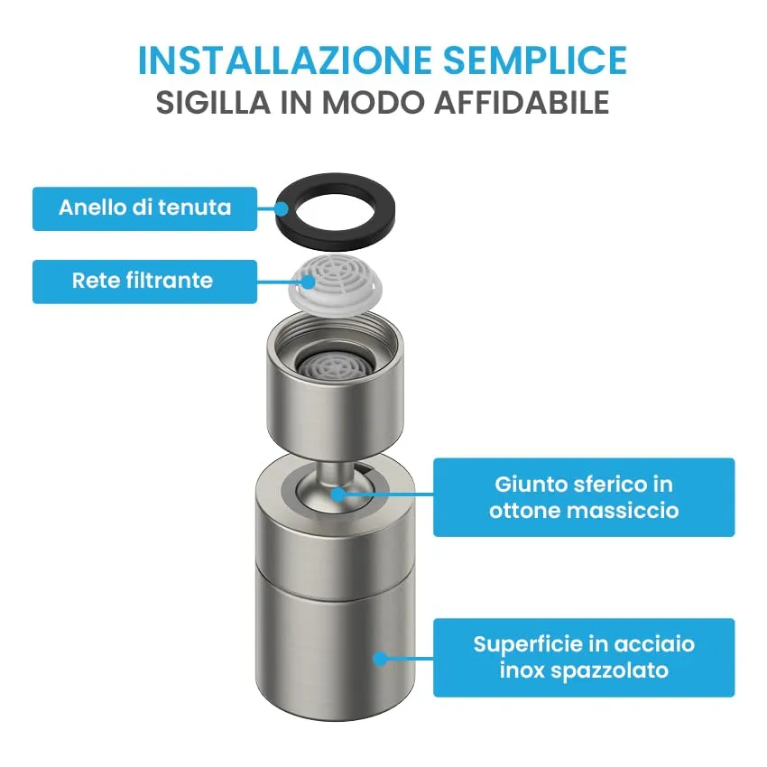 Bächlein Raccordo universale per rubinetto in acciaio inox spazzolato con due tipi di getto e aeratore girevole per rubinetti da cucina - immagine 2