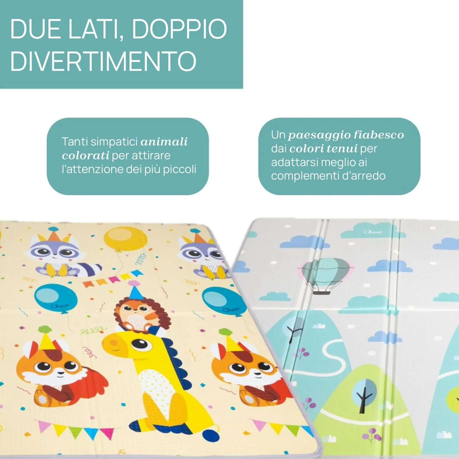 Chicco Tappeto Gioco Bambini 2in1, 200x180 cm, Spessore 1.3 cm, Double Face con Animali e Paesaggio, Pieghevole, 0M+ - immagine 2