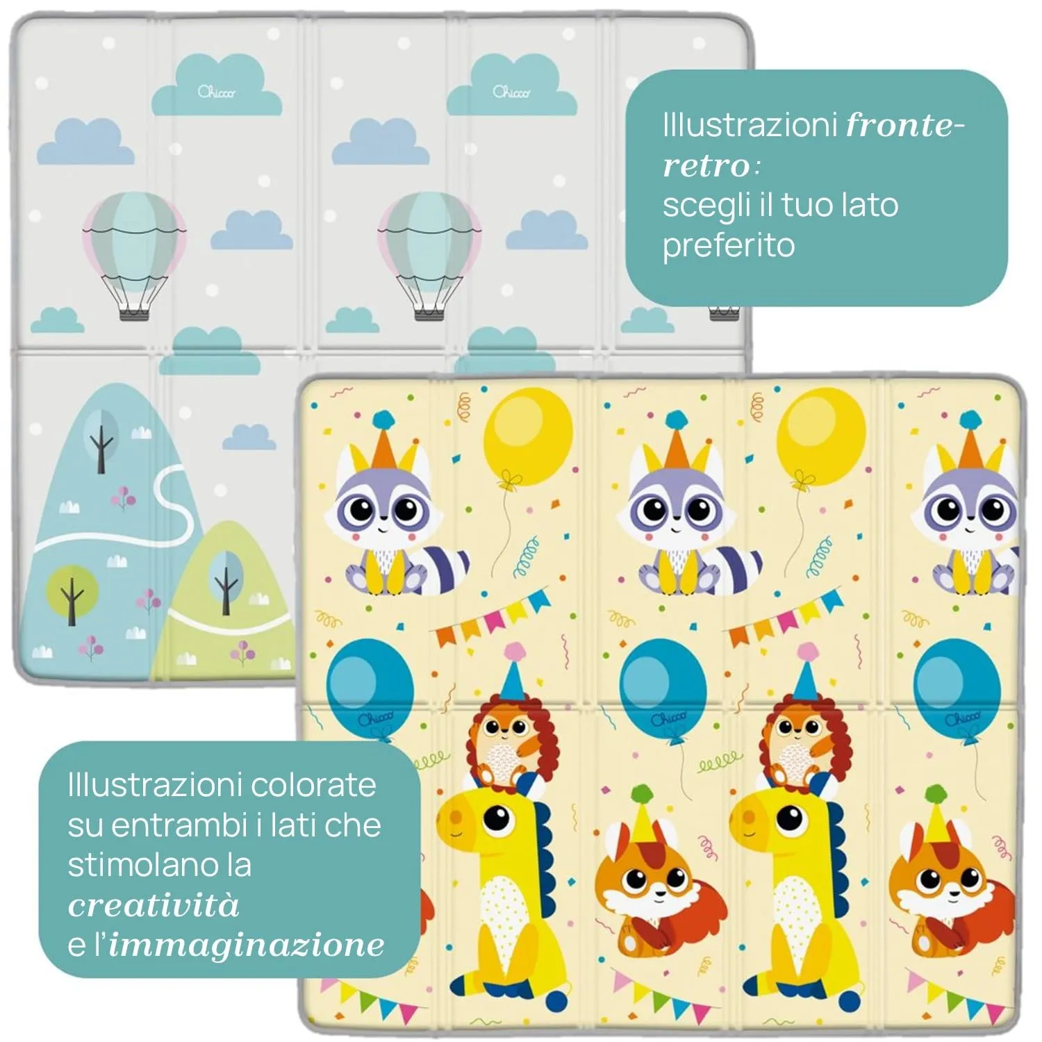 Chicco Tappeto Gioco Bambini 2in1, 200x180 cm, Spessore 1.3 cm, Double Face con Animali e Paesaggio, Pieghevole, 0M+ - immagine 3