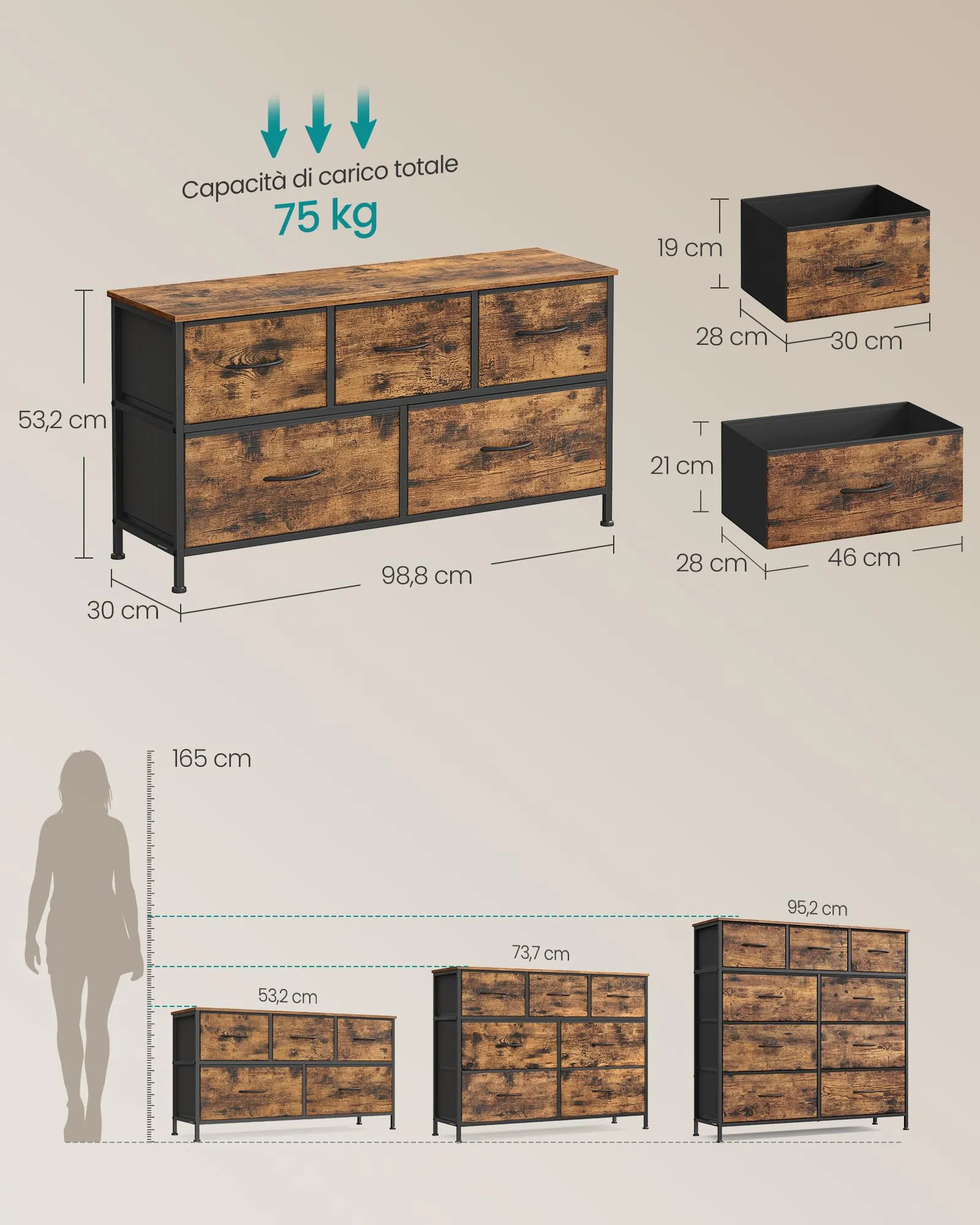 SONGMICS BELLAH Cassettiera Camera da Letto, 5 Cassetti, Marrone Vintage e Nero Inchiostro LGS322BH04 - immagine 5