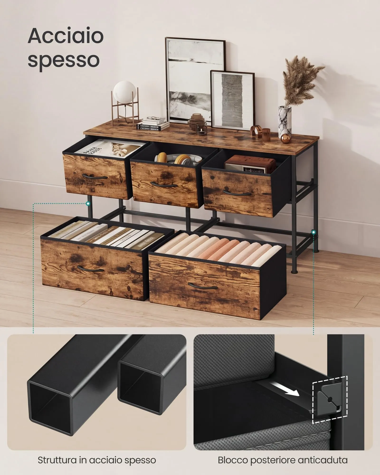 SONGMICS BELLAH Cassettiera Camera da Letto, 5 Cassetti, Marrone Vintage e Nero Inchiostro LGS322BH04 - immagine 6