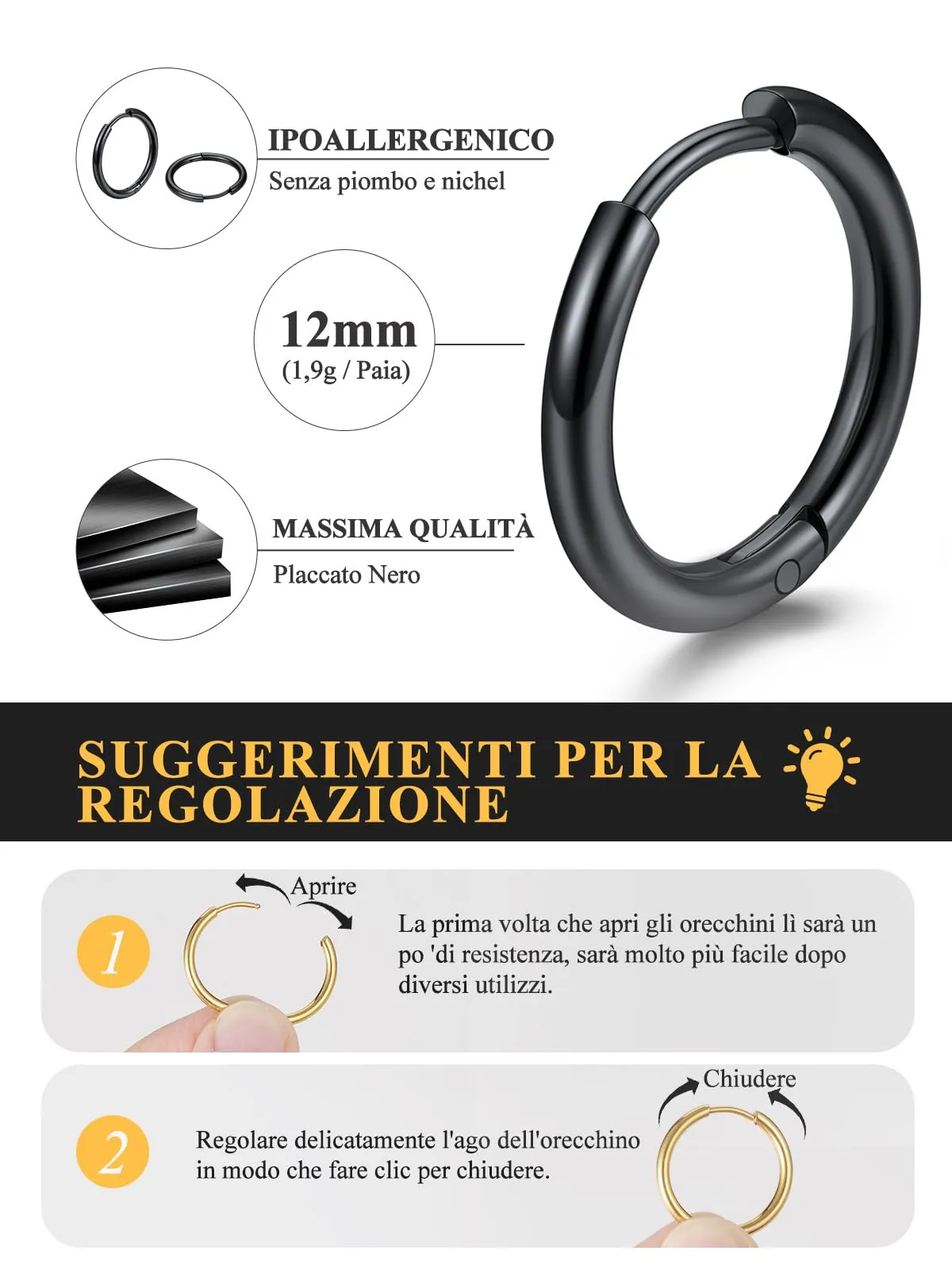 U7 Orecchini a Cerchio Neri in Acciaio Inossidabile 12mm x 3mm - immagine 4