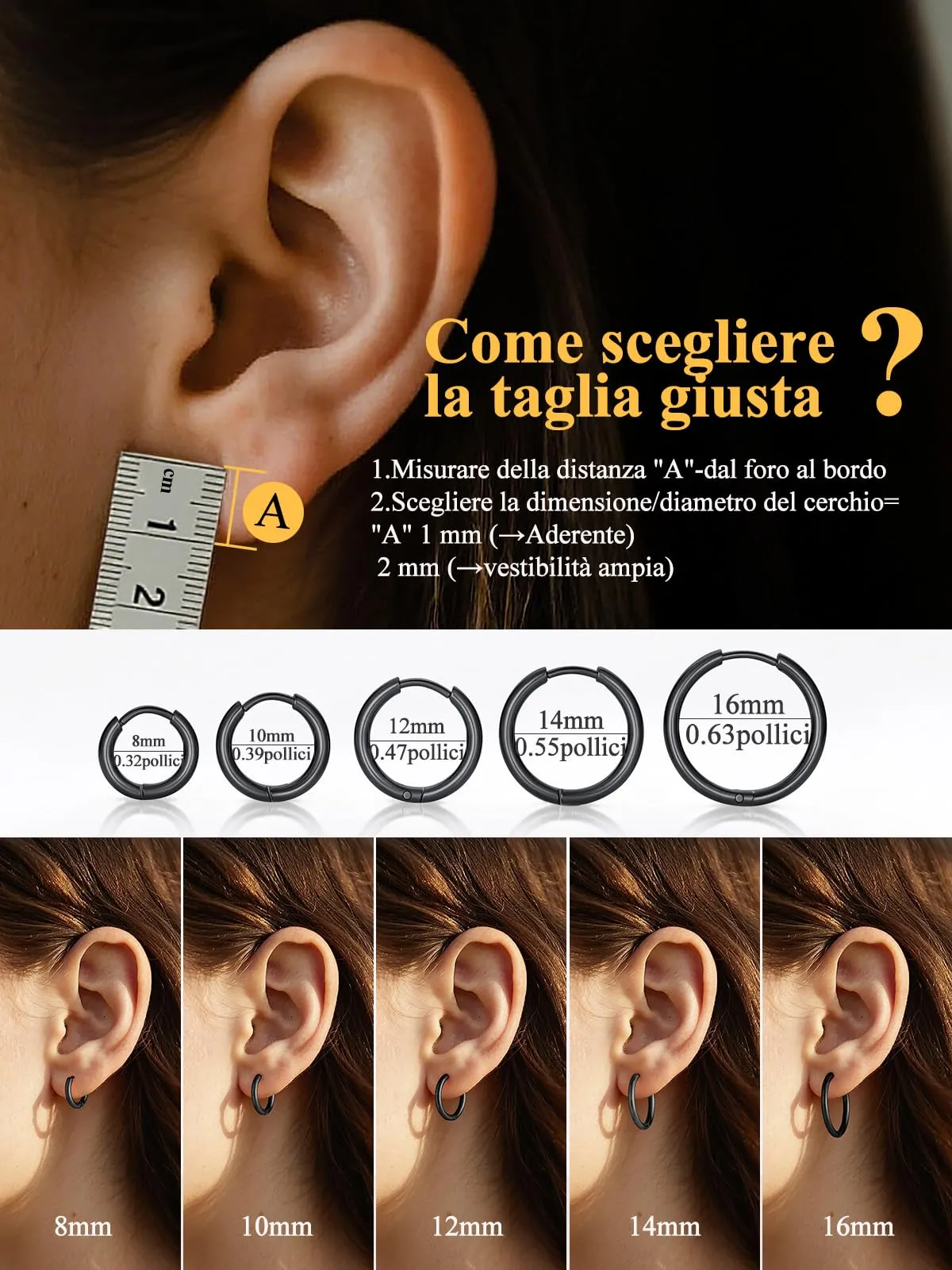 U7 Orecchini a Cerchio Donna in Acciaio Inossidabile Neri, 16mm x 5mm - immagine 5