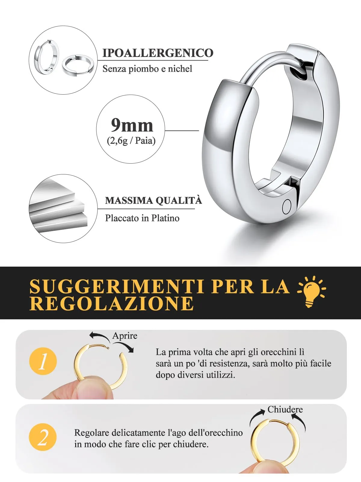 U7 Orecchini a Cerchio Piccolo per Uomo e Donna, 9mm, Acciaio Inossidabile, 3mm - immagine 4