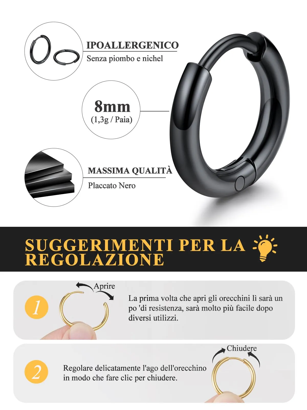 U7 Orecchini a Cerchio Neri in Acciaio Inossidabile 8mm x 2mm - immagine 4