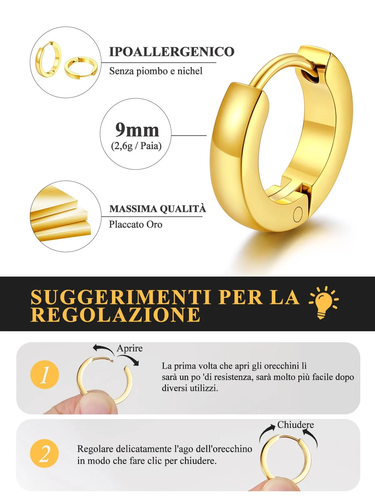 U7 Orecchini Uomo Oro Cerchio 9 mm Acciaio Inossidabile Larghezza 3mm - immagine 4