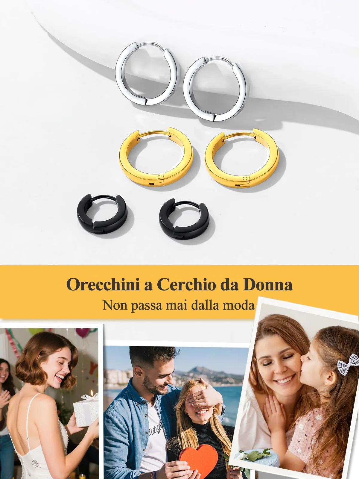U7 Orecchini Uomo Oro Cerchio 9 mm Acciaio Inossidabile Larghezza 3mm - immagine 7