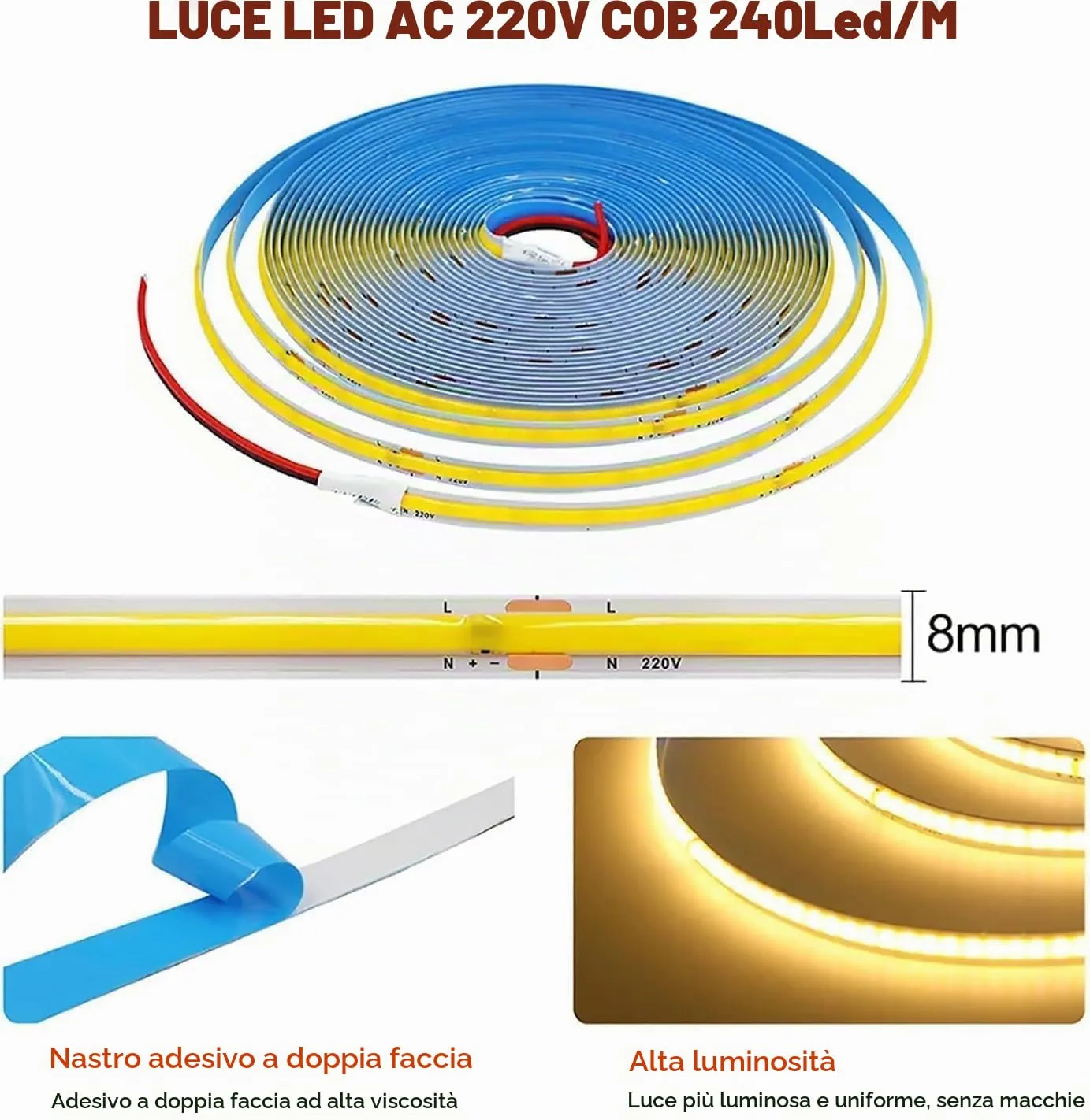 TOPXCDZ 220V COB Striscia LED Flessibile Smart IC 296 LED RA90 Bianco Caldo 3000K 3m - immagine 6