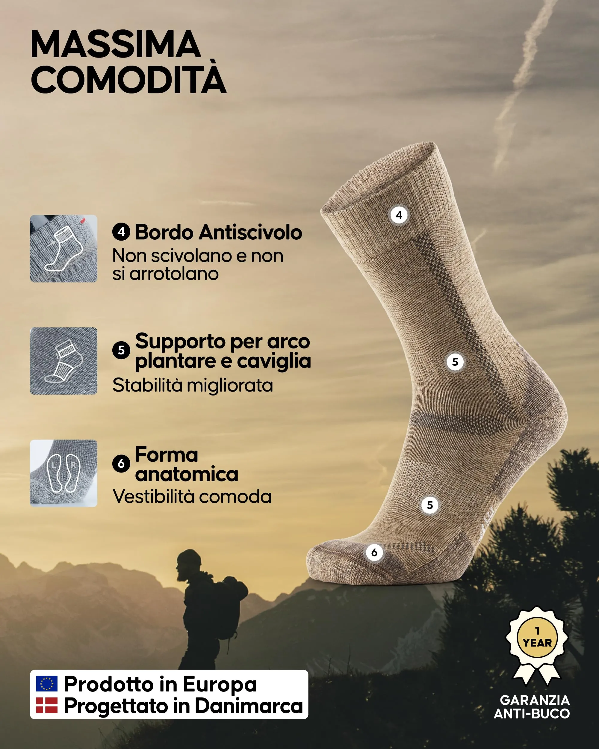 Danish Endurance Calze Trekking Lana Merino, 3 Paia, Multicolore, 35-38 - immagine 3