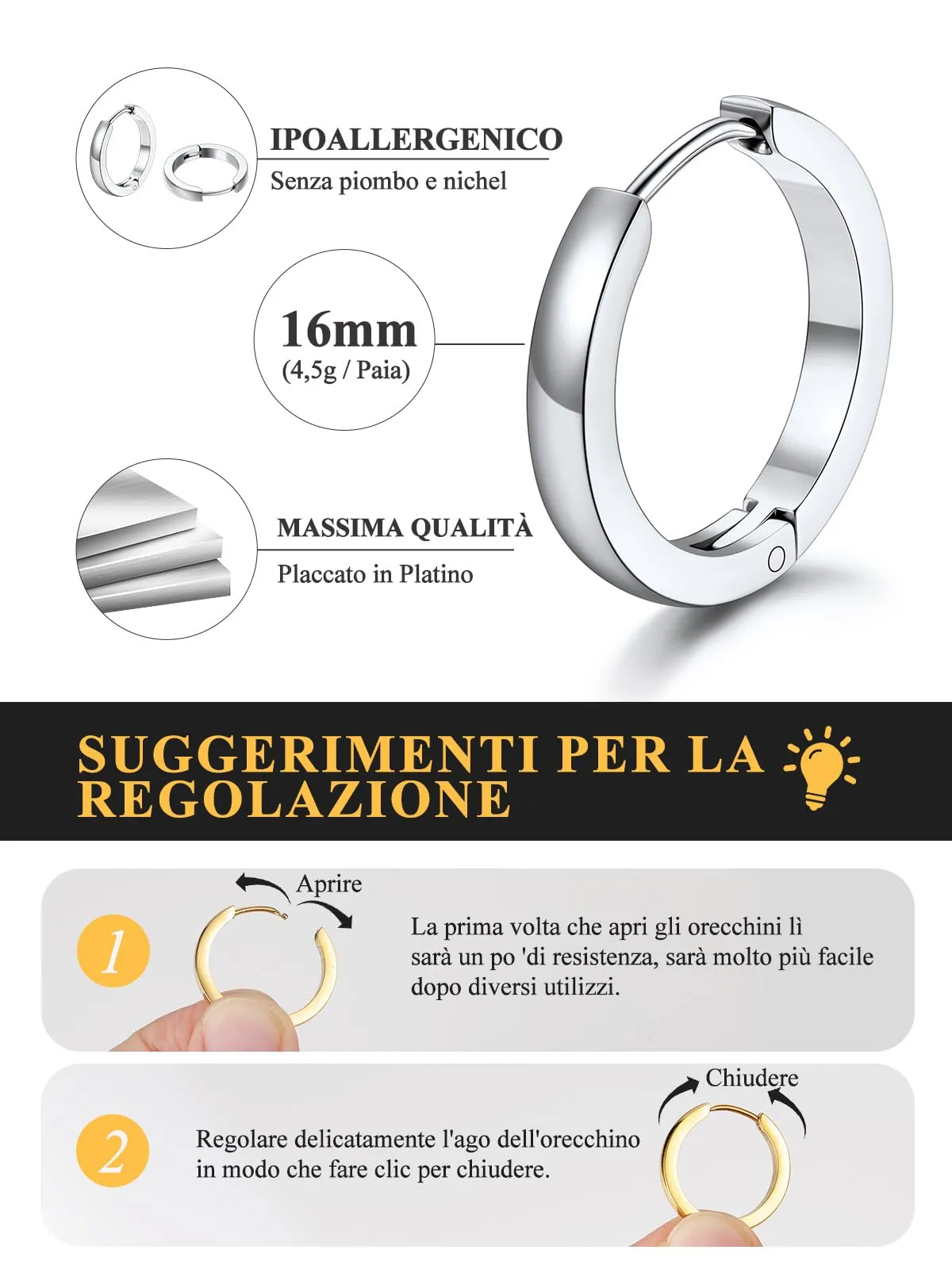 U7 Orecchini a Cerchio per Uomo e Donna, Acciaio Inossidabile, 16mm x 3mm - immagine 4
