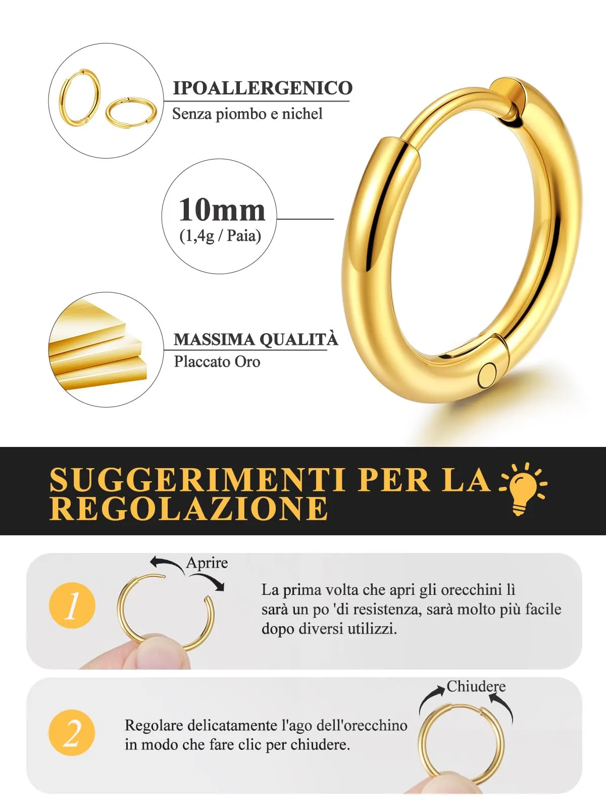U7 Orecchini a Cerchio in Acciaio Inossidabile Oro, 10 mm x 2 mm - immagine 4