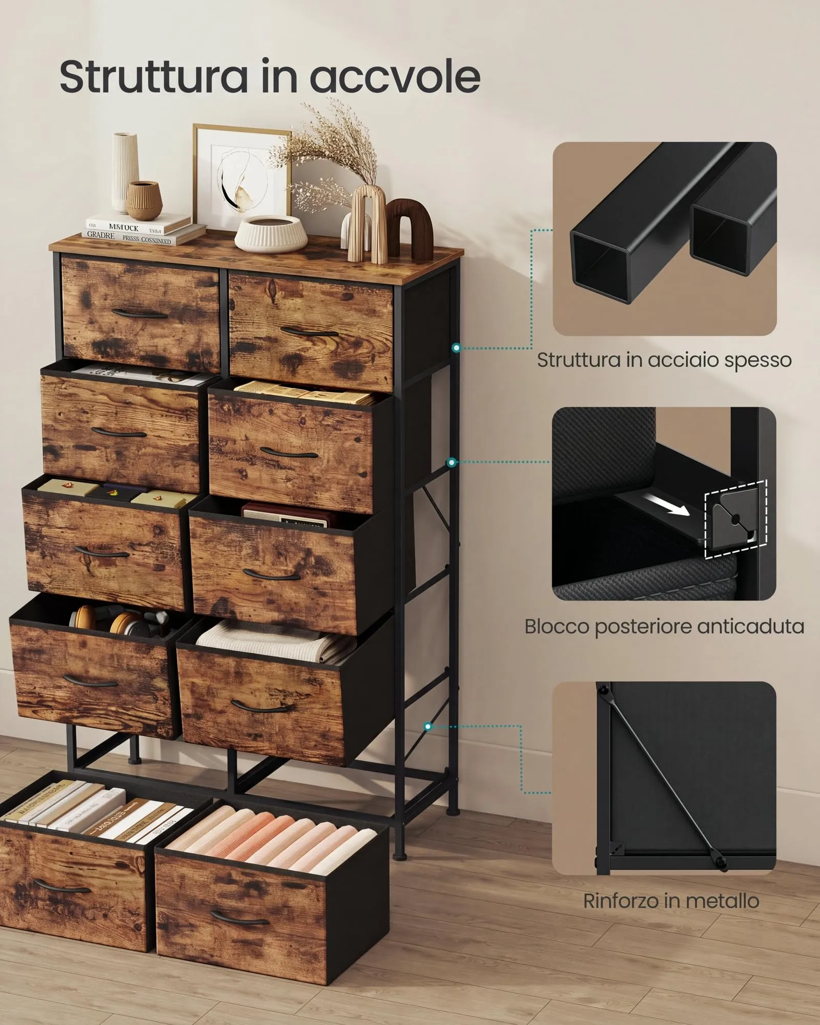 SONGMICS BELLAH Cassettiera 10 Cassetti in Acciaio, Marrone Rustico e Nero Inchiostro LGS125BH04 - immagine 6