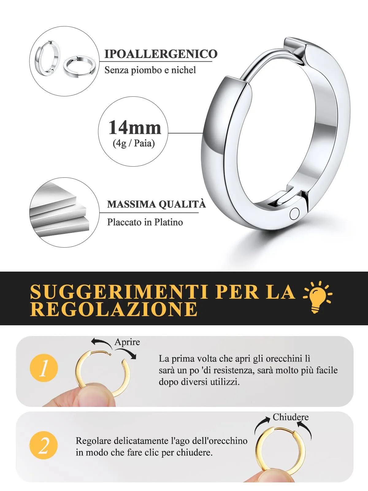 U7 Orecchini a Cerchio per Uomo e Donna, Acciaio Inossidabile, 14mm x 3mm - immagine 4
