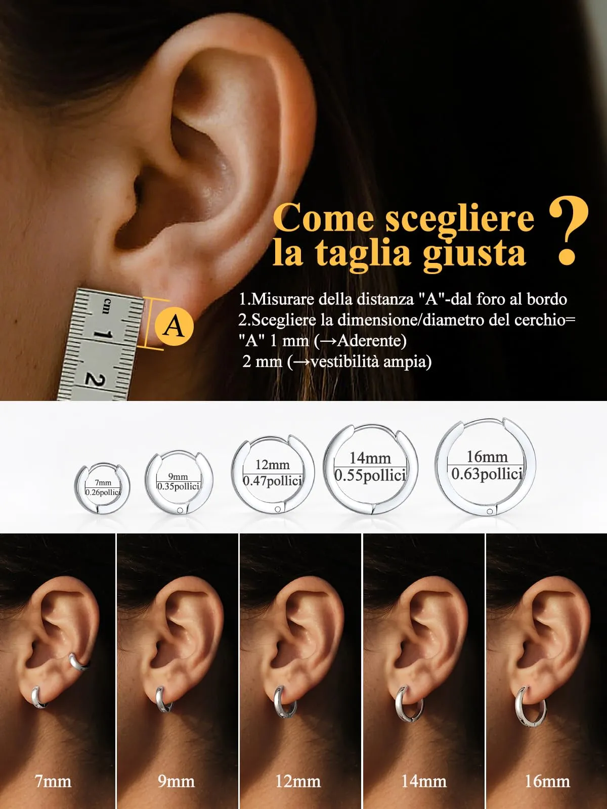 U7 Orecchini a Cerchio per Uomo e Donna, Acciaio Inossidabile, 14mm x 3mm - immagine 6