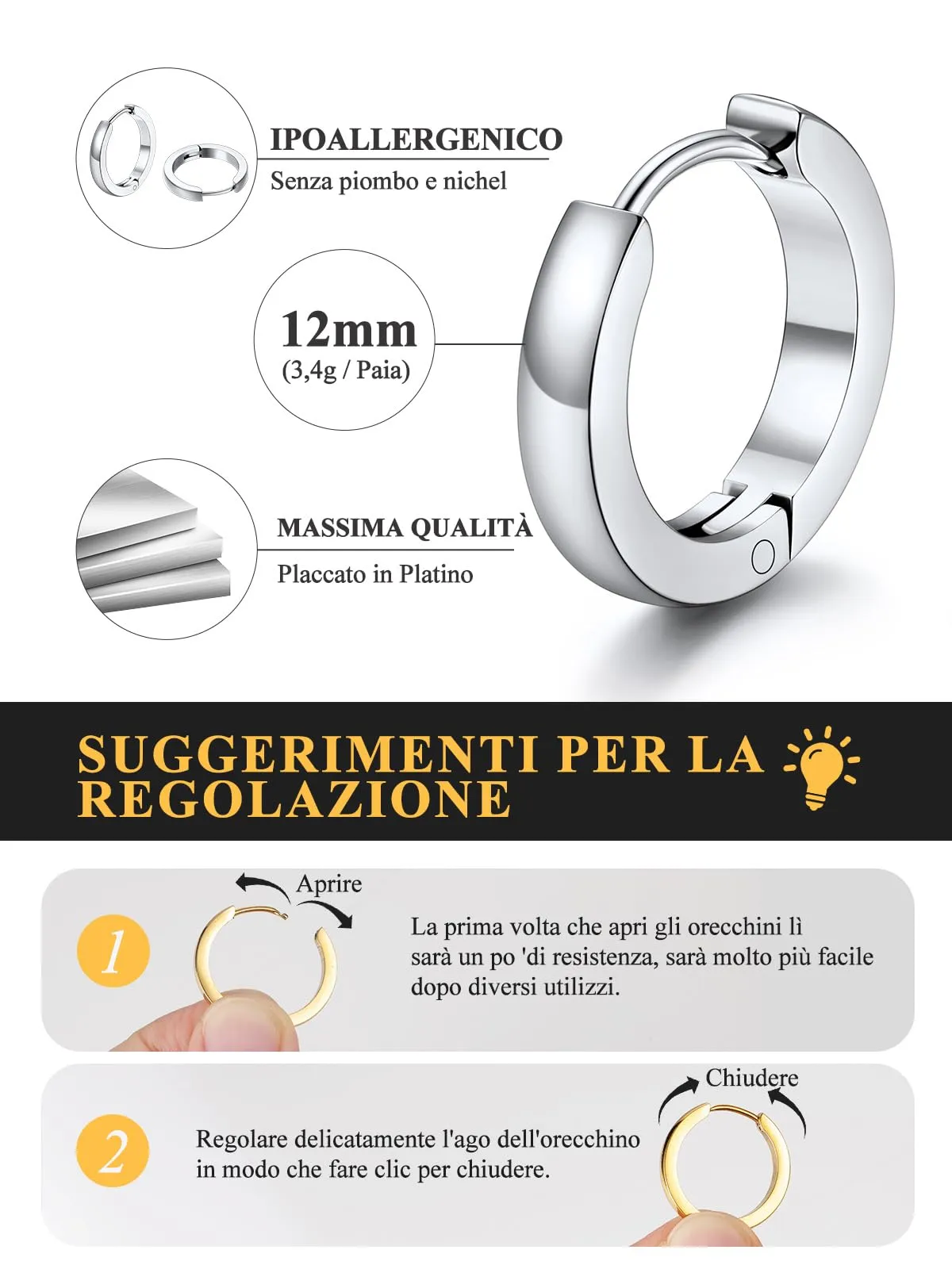 U7 Orecchini a Cerchio Uomo Donna, 12mm Acciaio Inossidabile, 3mm - immagine 4