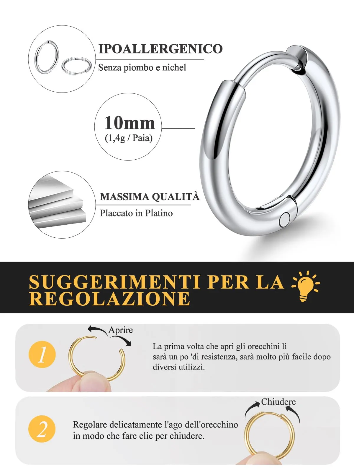 U7 Orecchini a Cerchio Donna 10 mm Acciaio Inossidabile Larghezza 2mm - immagine 4
