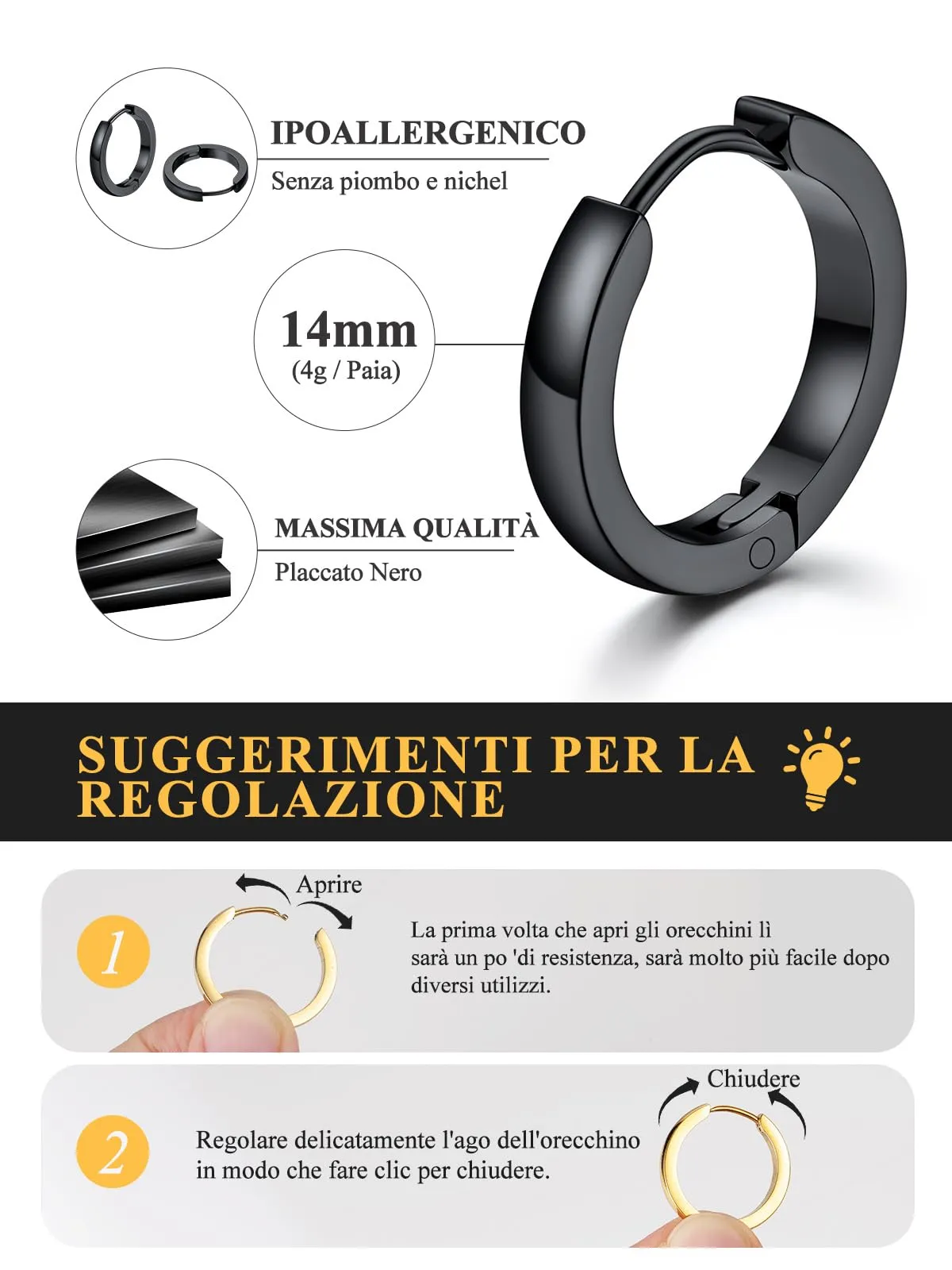 U7 Orecchini a Cerchio Uomo Neri, 14 mm, Acciaio Inossidabile, Larghezza 3 mm - immagine 4