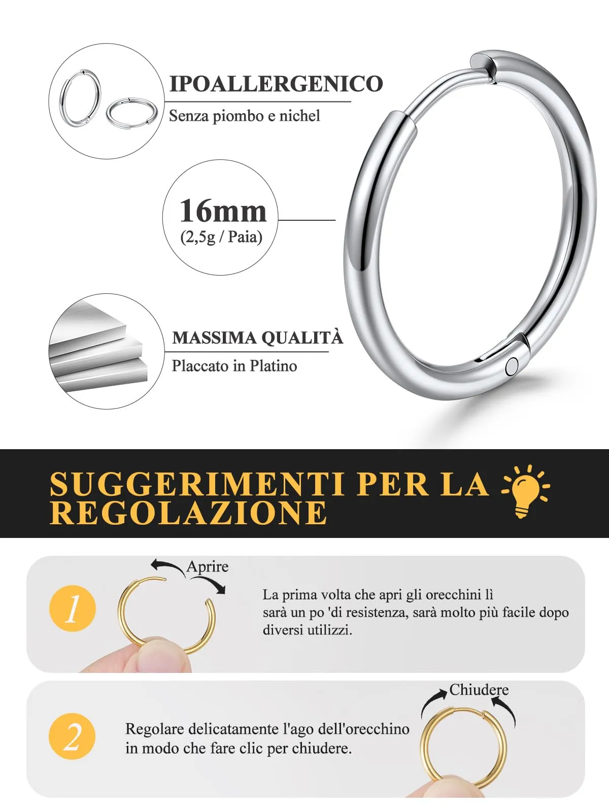 U7 Orecchini a Cerchio per Donna, 16 mm, Acciaio Inossidabile, Larghezza 2 mm - immagine 4