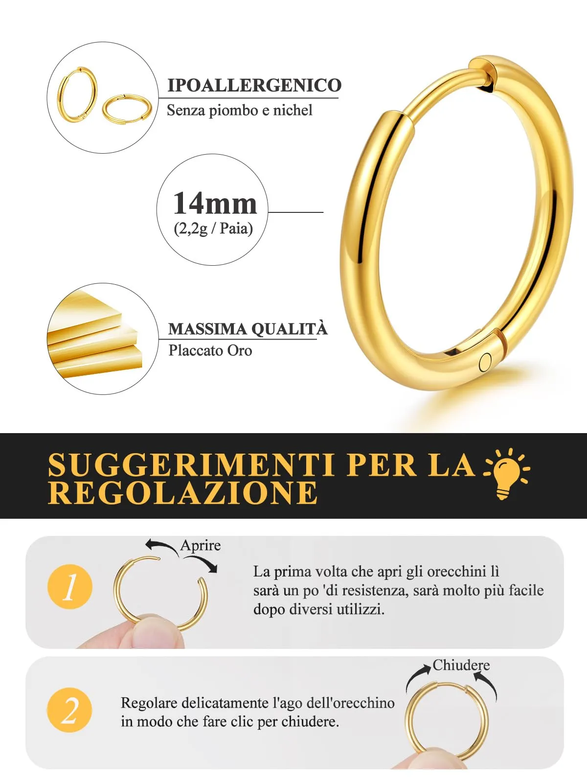 U7 Orecchini a Cerchio in Acciaio Inossidabile Oro 14mm x 4mm - immagine 4