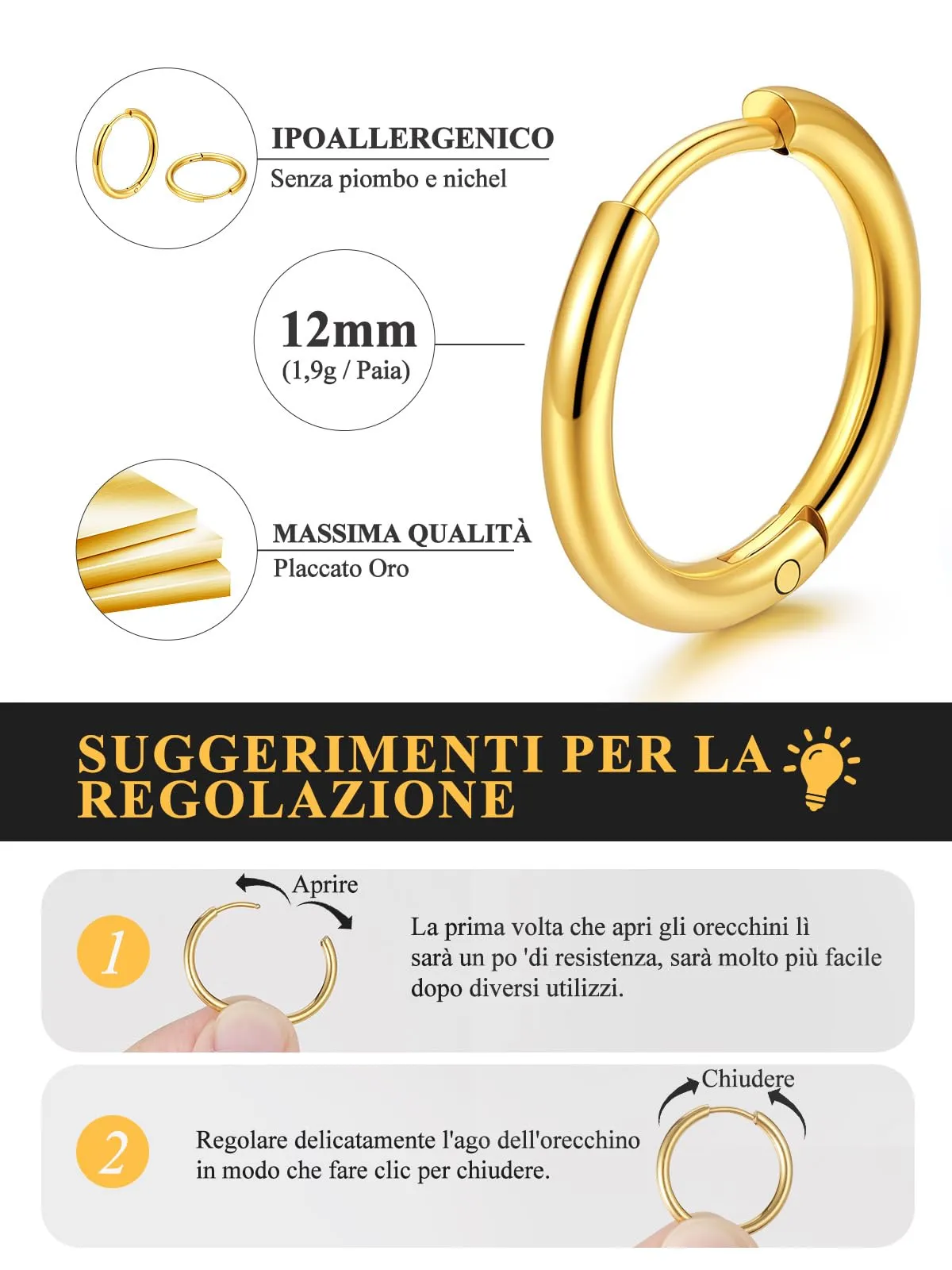 U7 Orecchini a Cerchio in Acciaio Inossidabile Oro 12mm x 3mm - immagine 4