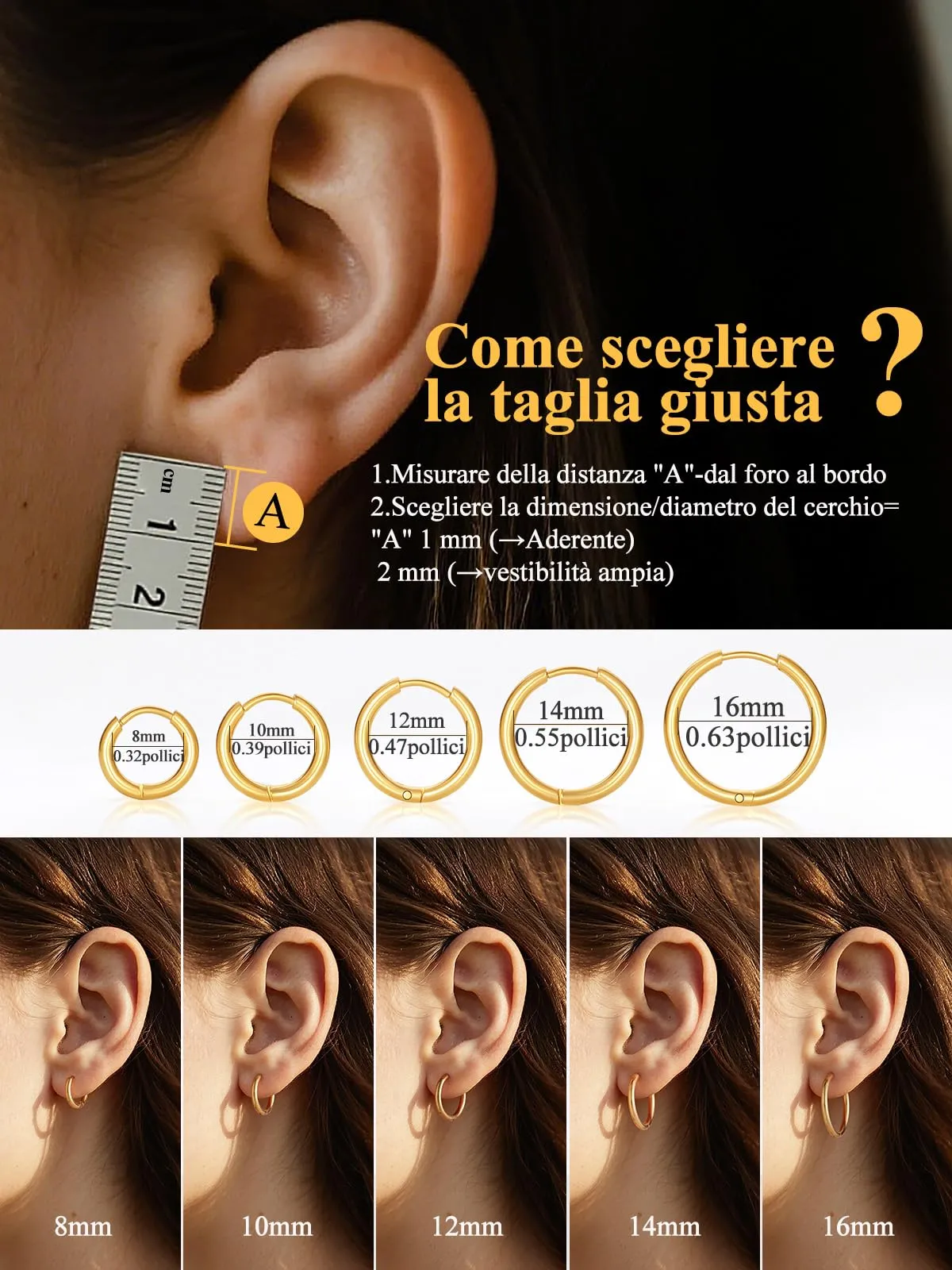 U7 Orecchini a Cerchio in Acciaio Inossidabile Oro 12mm x 3mm - immagine 5
