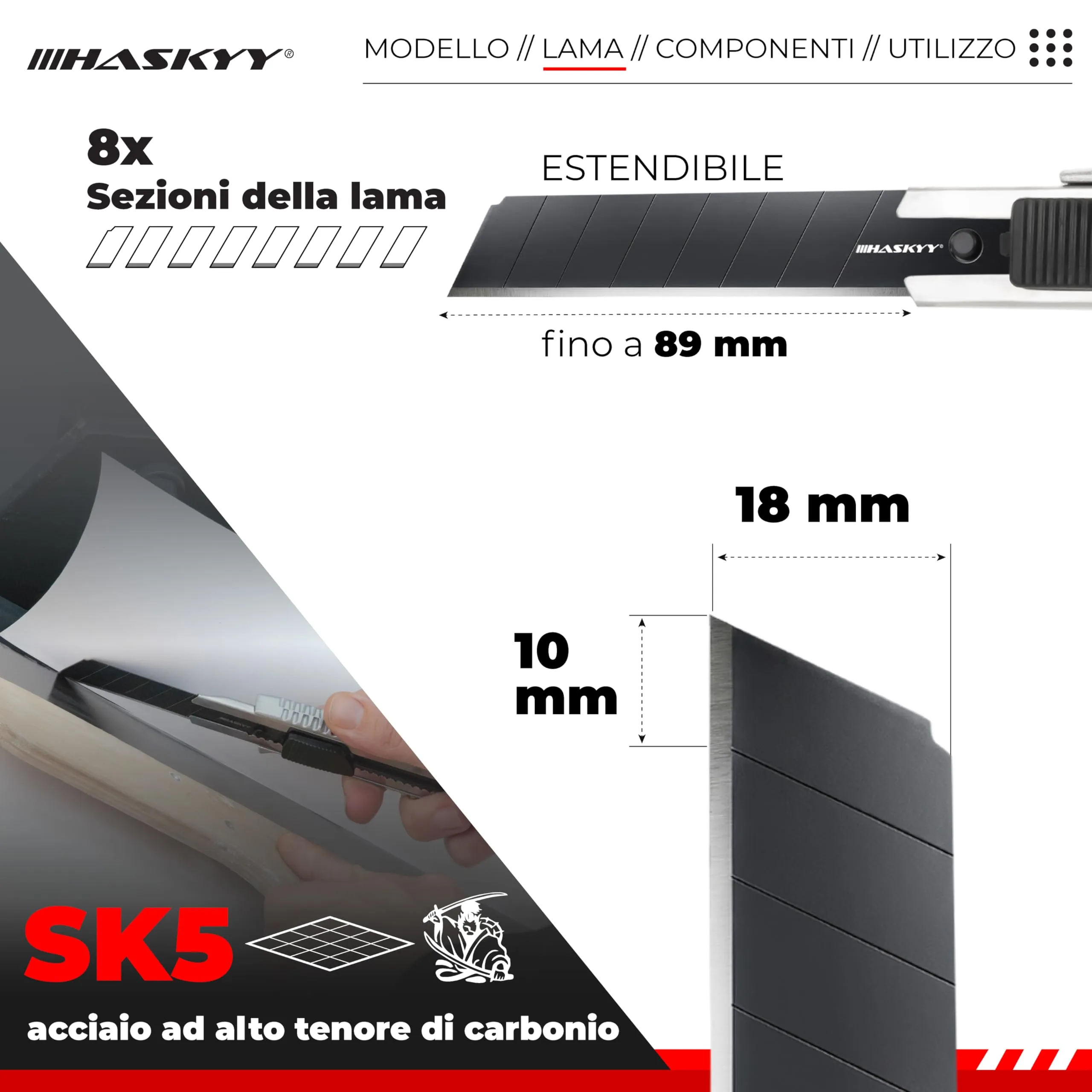 HASKYY Kit Taglierini Pro 18mm con 20 Lame SK5 Segmentate - Sistema Cambio Rapido - immagine 3