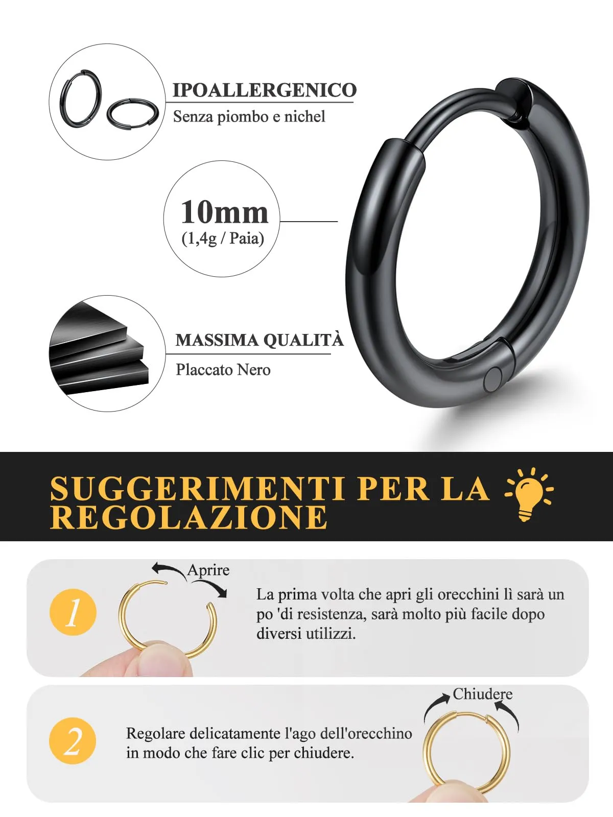 U7 Orecchini a Cerchio Neri in Acciaio Inossidabile 10mm x 2mm - immagine 4