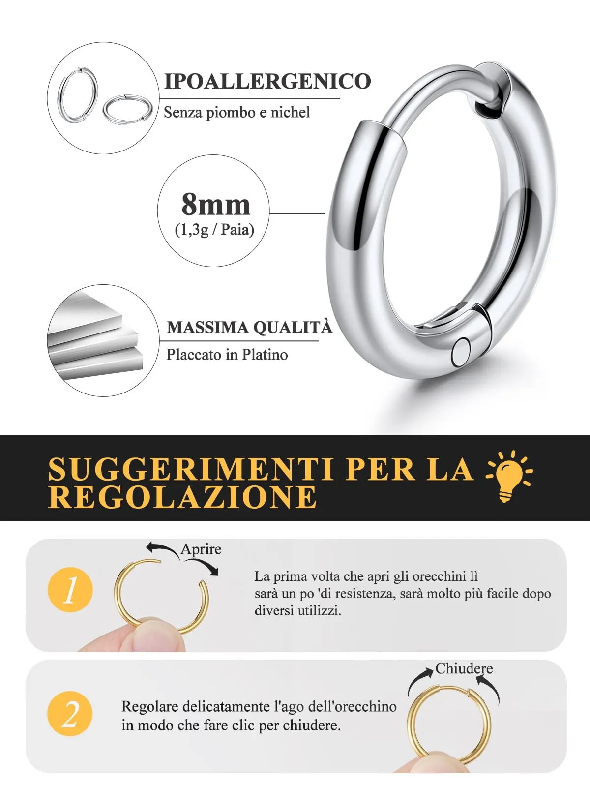 U7 Orecchini a Cerchio Piccolo 8mm in Acciaio Inossidabile, Larghezza 2mm - immagine 4