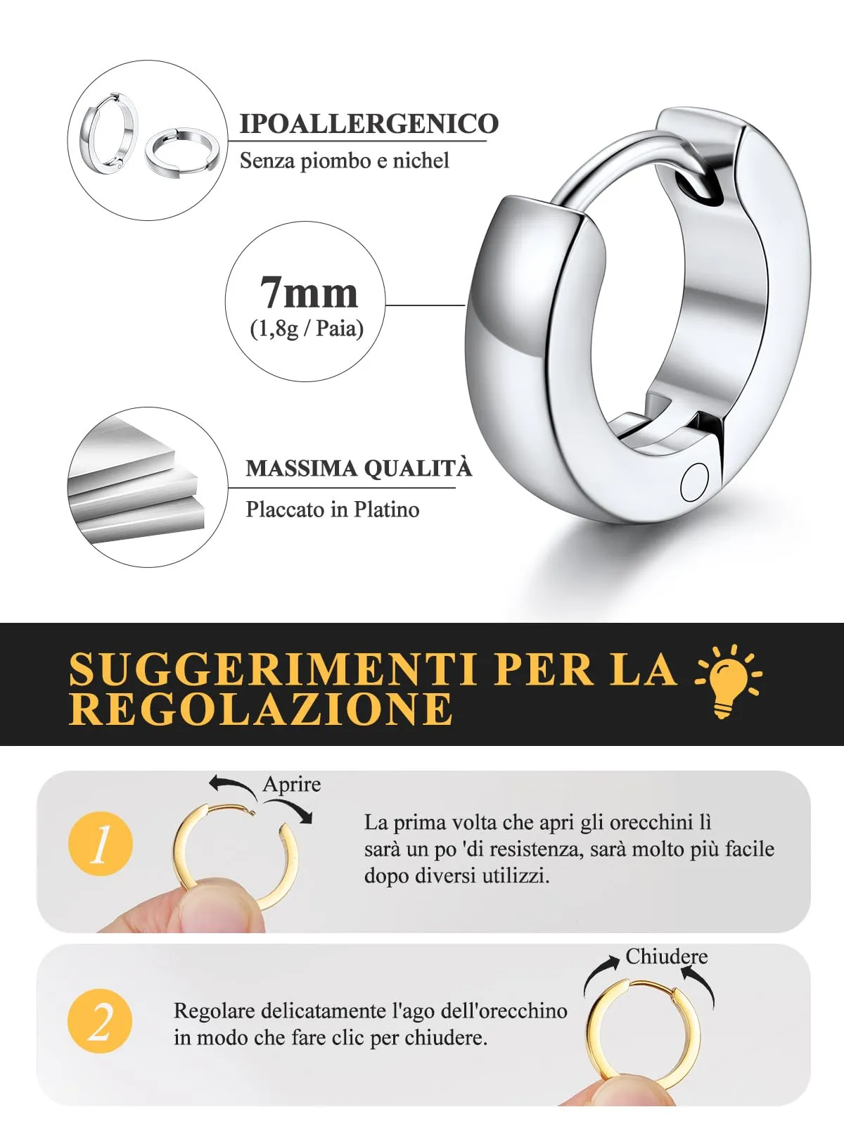 U7 Orecchini a Cerchio Huggie in Acciaio Inossidabile 7mm x 3mm - immagine 4