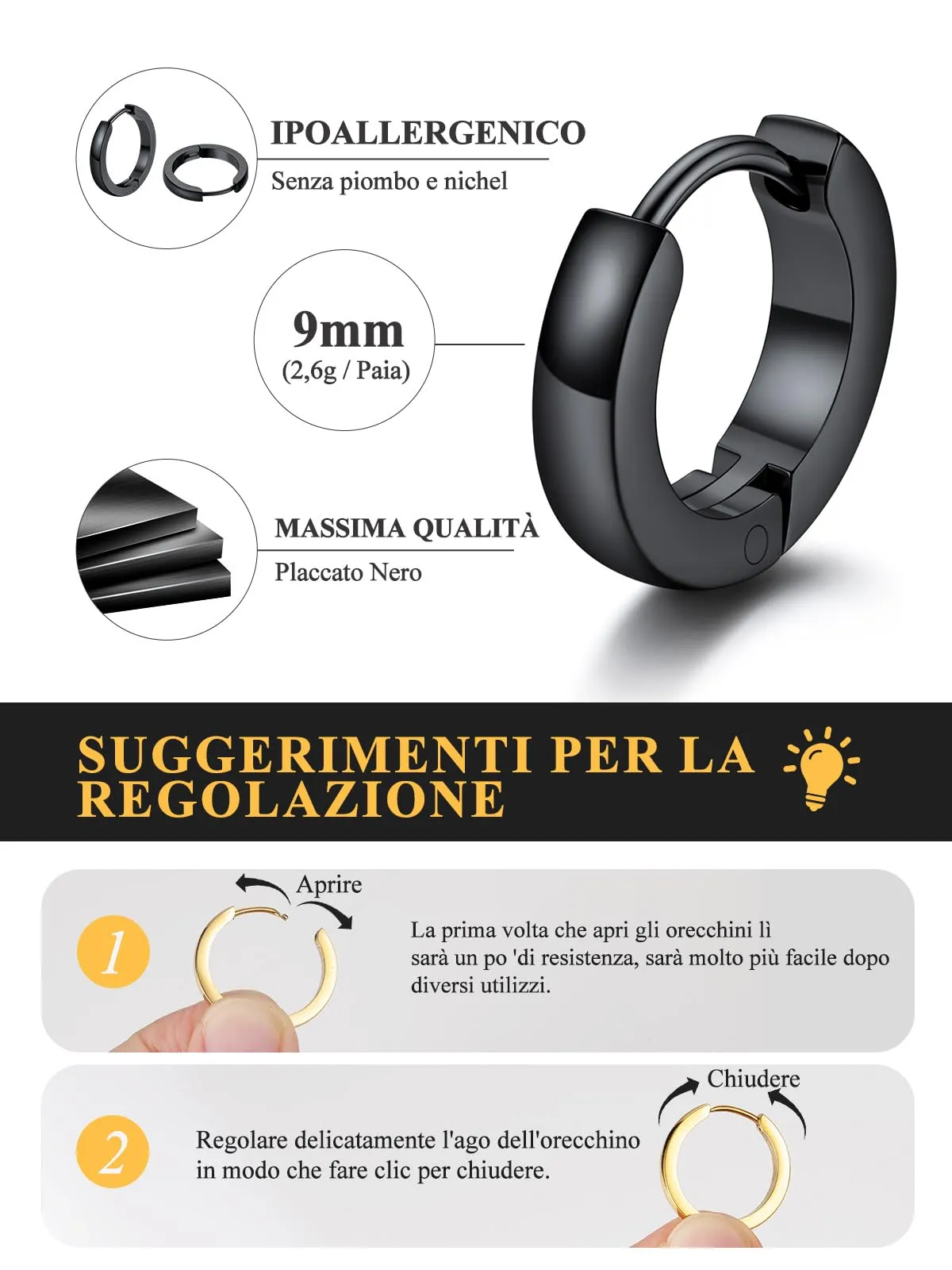 U7 Orecchini Uomo Cerchio Neri 9mm Acciaio Inossidabile Larghezza 3mm - immagine 4