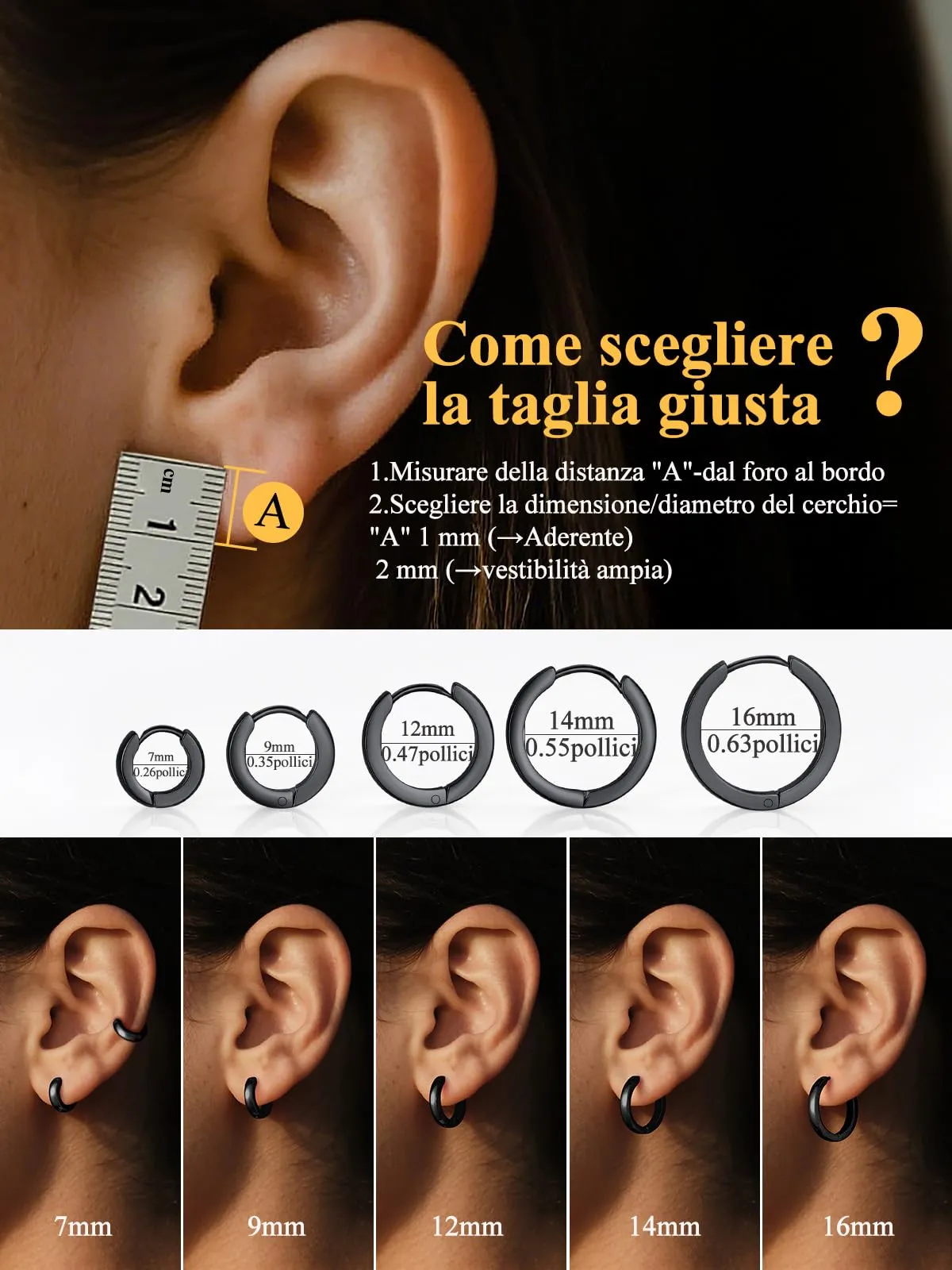 U7 Orecchini Uomo Cerchio Neri 9mm Acciaio Inossidabile Larghezza 3mm - immagine 6