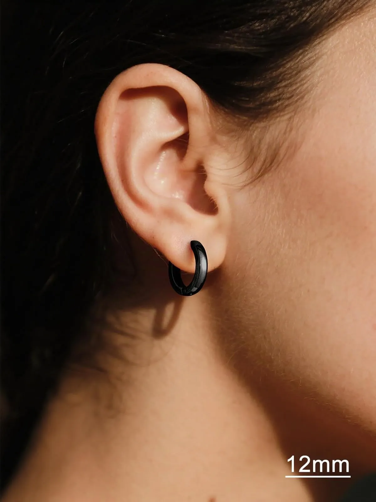 U7 Orecchini Uomo Neri Cerchio 12mm Acciaio Inossidabile Larghezza 3mm - immagine 2