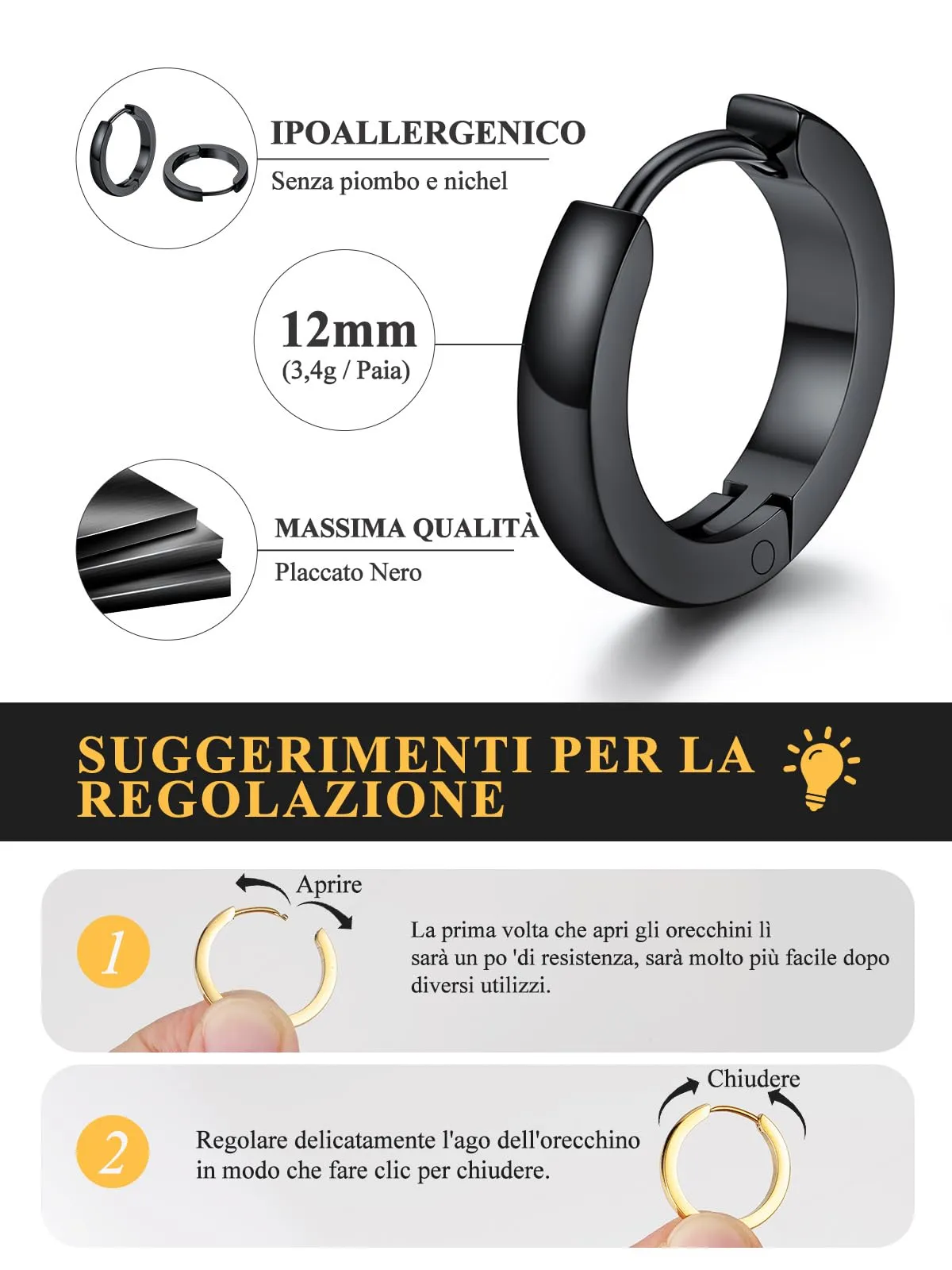U7 Orecchini Uomo Neri Cerchio 12mm Acciaio Inossidabile Larghezza 3mm - immagine 4