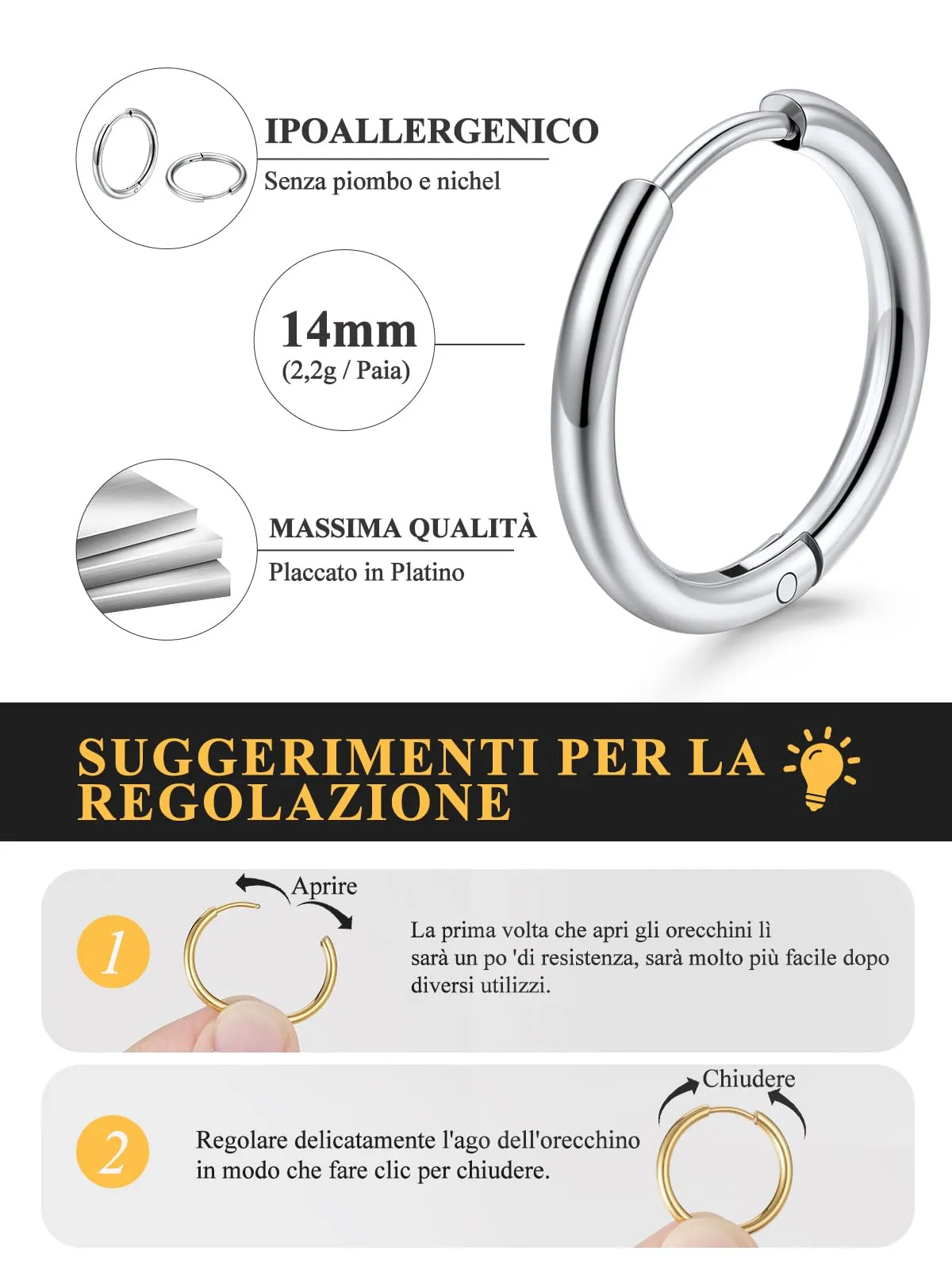 U7 Orecchini a Cerchio Donna 14mm Acciaio Inossidabile Larghezza 2mm - immagine 4