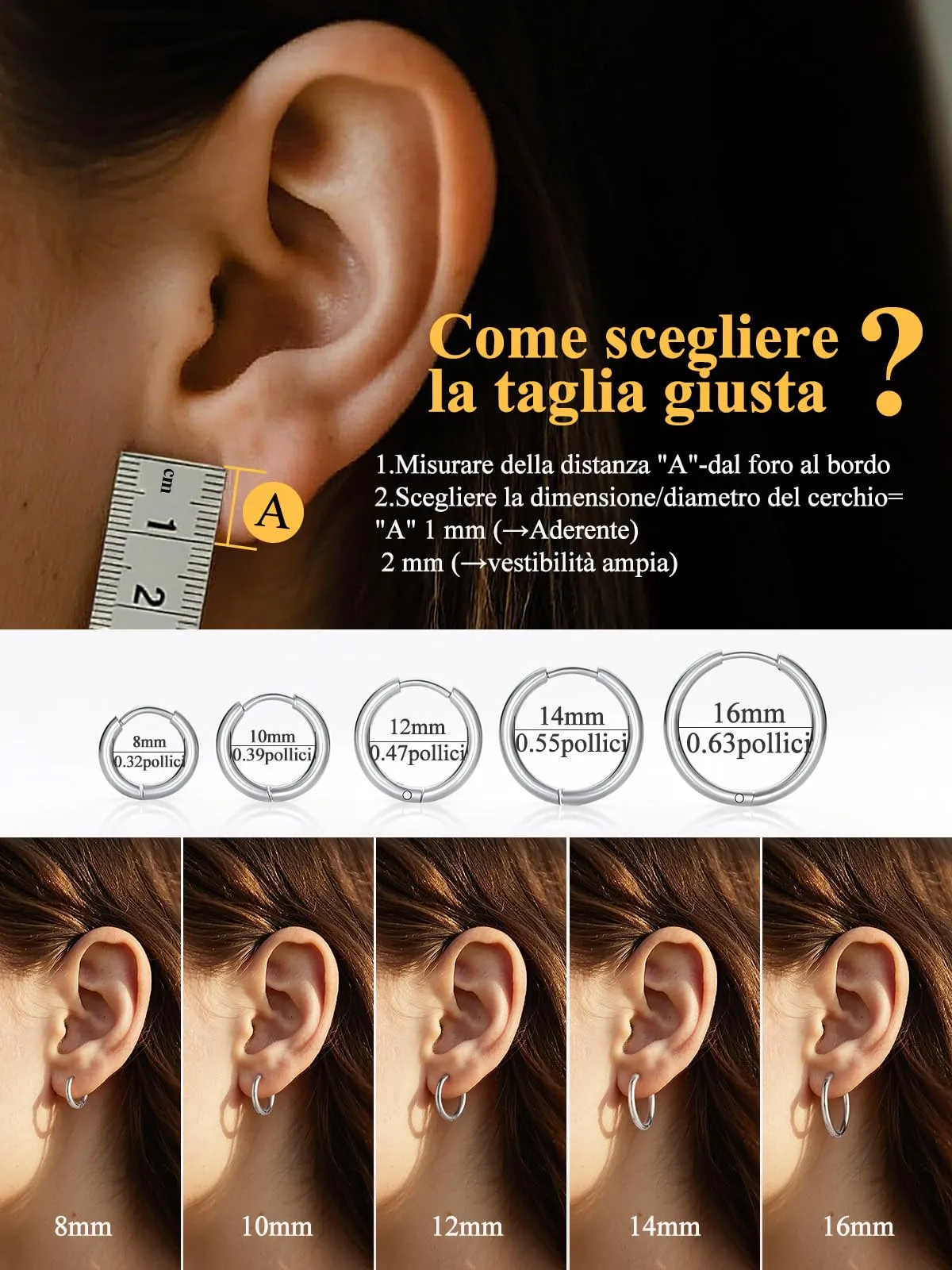 U7 Orecchini a Cerchio Donna 14mm Acciaio Inossidabile Larghezza 2mm - immagine 5