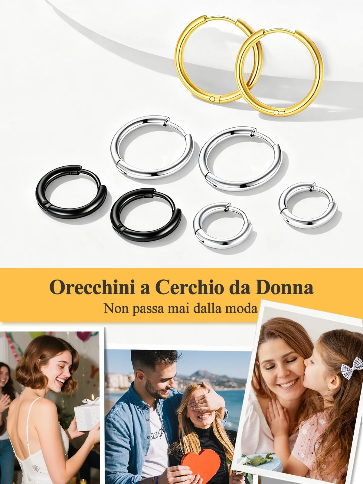 U7 Orecchini a Cerchio Donna 14mm Acciaio Inossidabile Larghezza 2mm - immagine 7