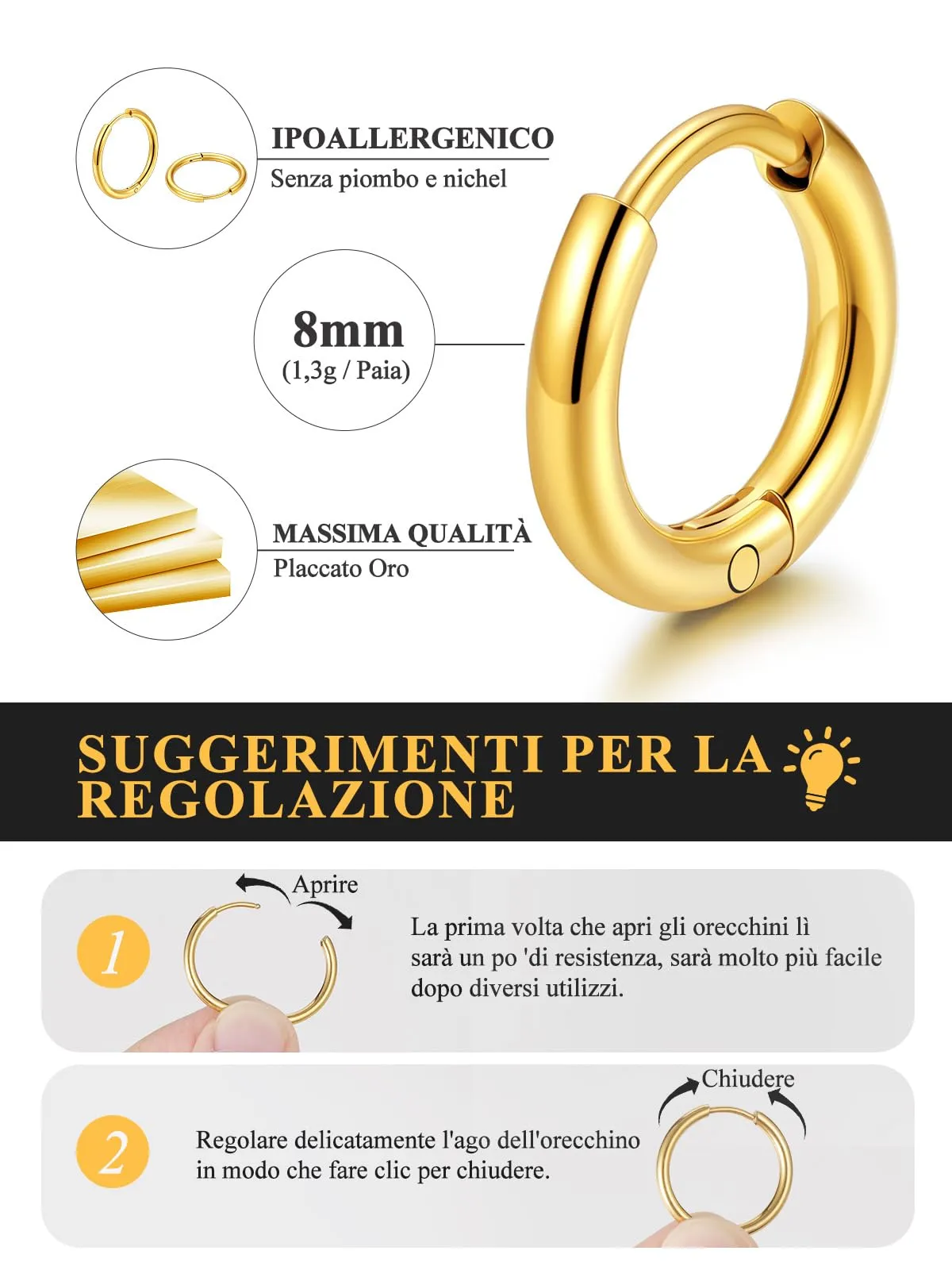 U7 Orecchini a Cerchio in Acciaio Inossidabile Oro 8mm - immagine 4