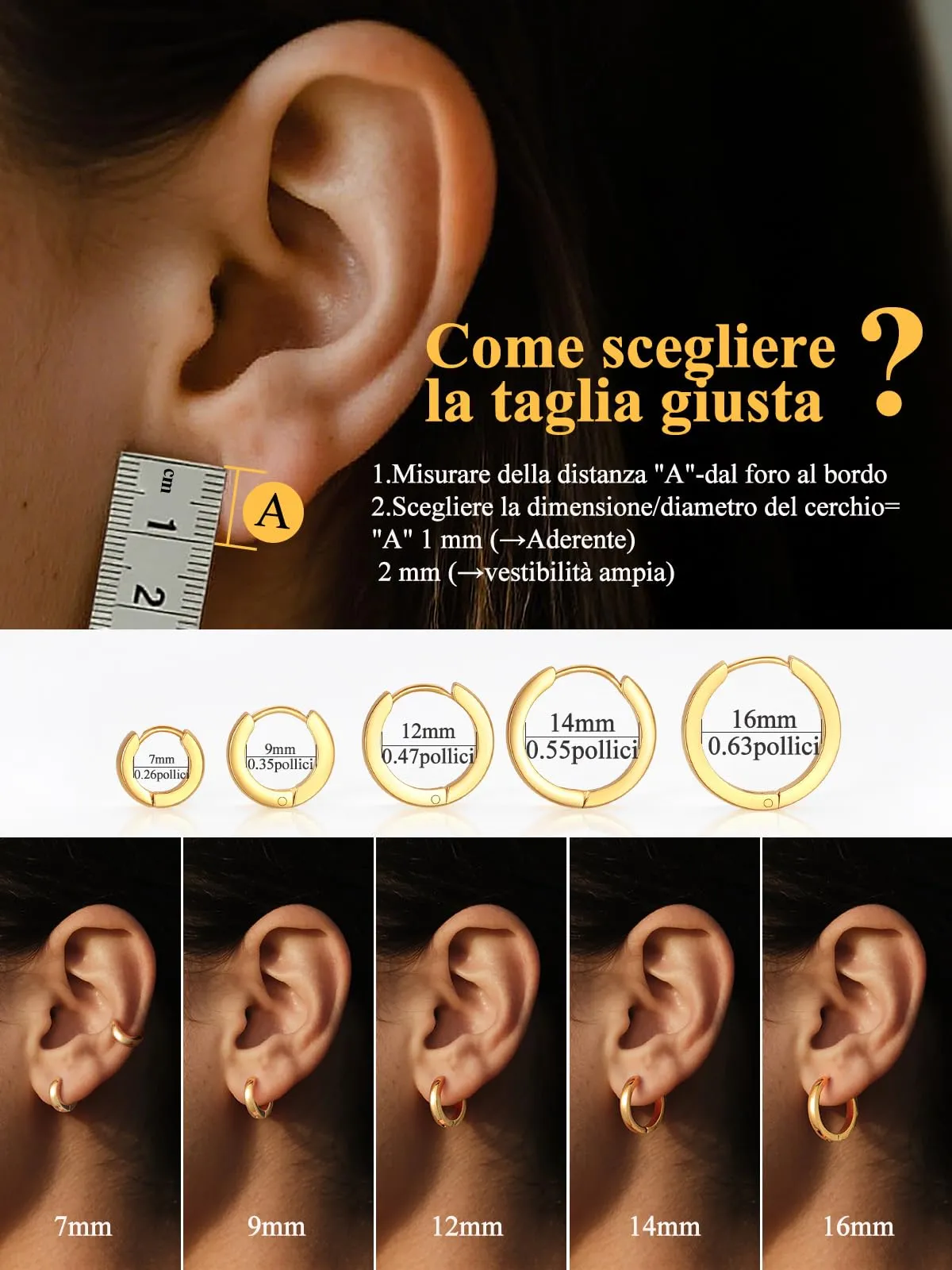U7 Orecchini a Cerchio Uomo Oro, Acciaio Inossidabile, 14mm x 3mm - immagine 6