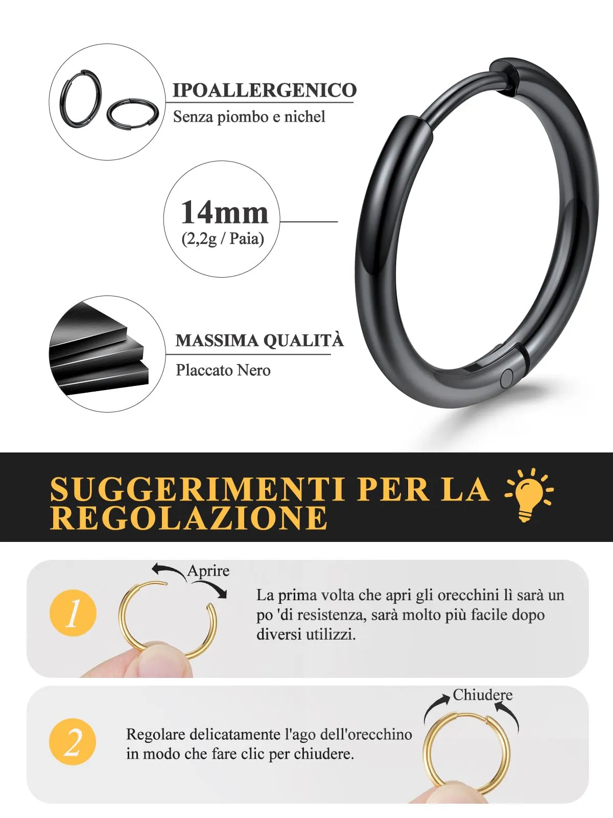 U7 Orecchini a Cerchio Neri in Acciaio Inossidabile 14mm x 4mm - immagine 4