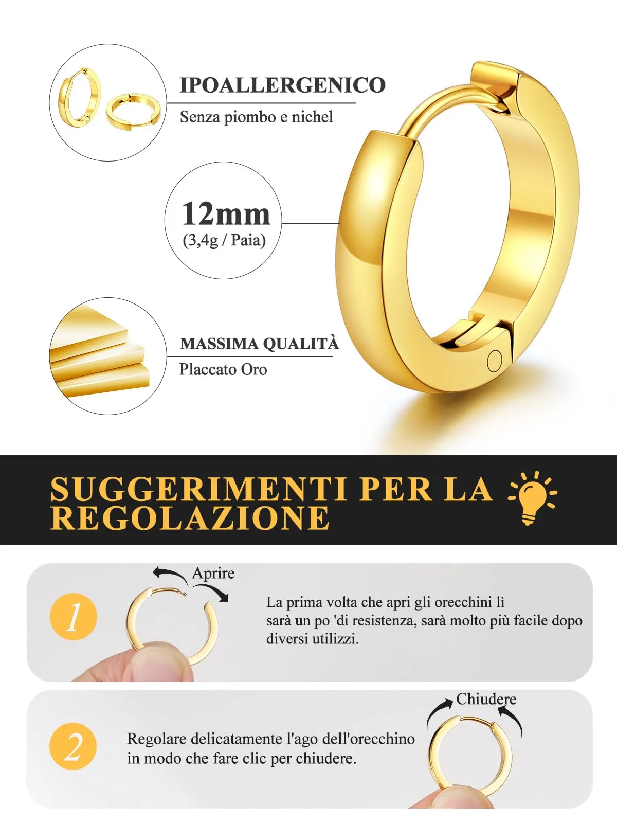 U7 Orecchini Uomo Oro Cerchio Piccolo 12 mm Acciaio Inossidabile Larghezza 3mm - immagine 4