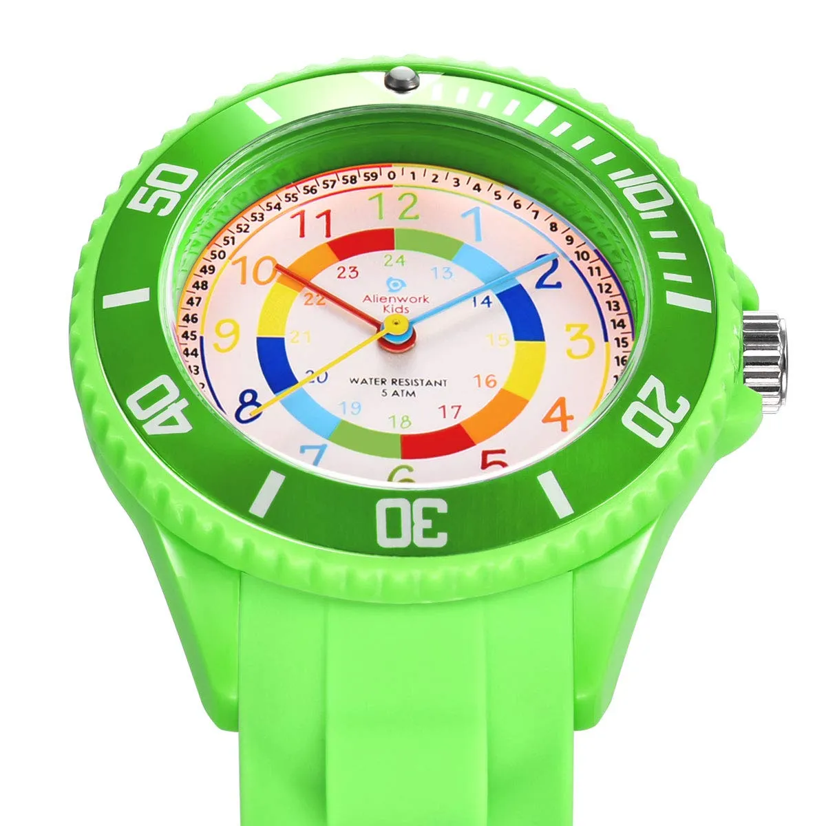 Alienwork Orologio di Apprendimento per Bambini, Verde, Bracciale in Silicone, Impermeabile 5 ATM - immagine 2