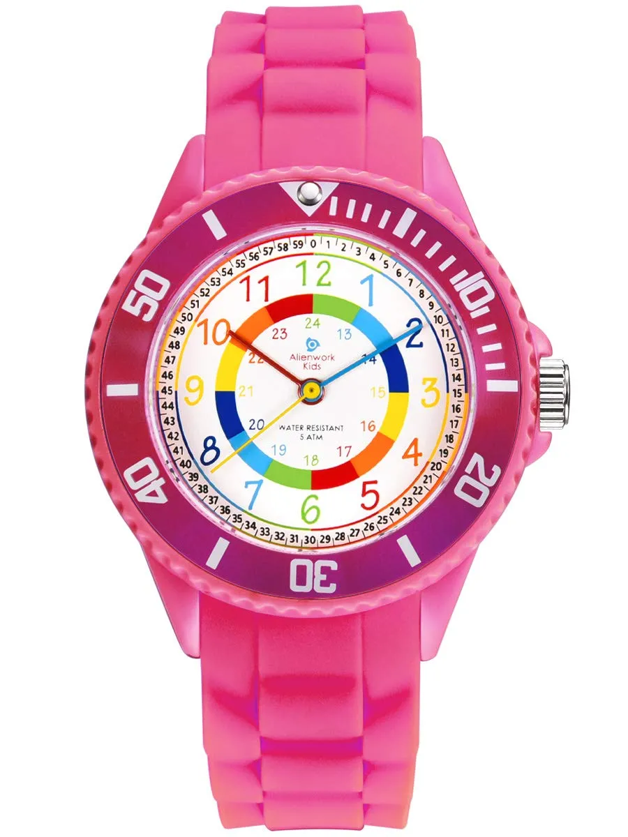 Alienwork Orologio di Apprendimento per Bambini, Rosa, Bracciale in Silicone Multicolore, Impermeabile 5 ATM - immagine 1