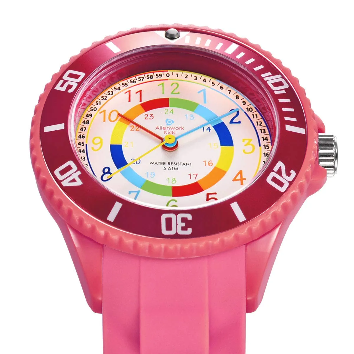 Alienwork Orologio di Apprendimento per Bambini, Rosa, Bracciale in Silicone Multicolore, Impermeabile 5 ATM - immagine 2