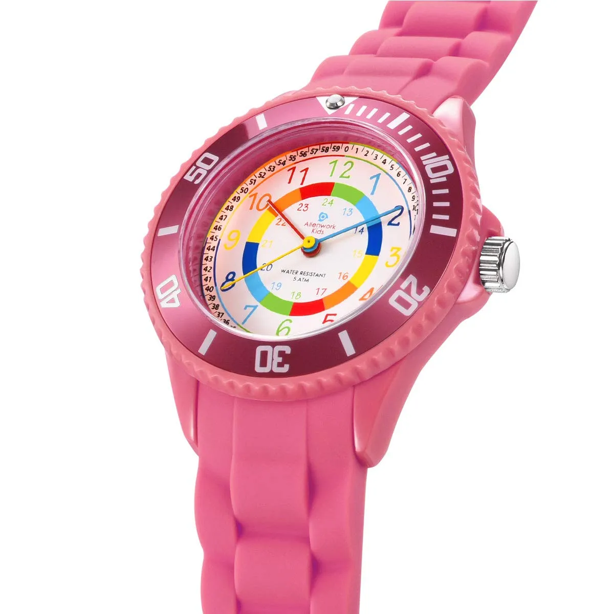 Alienwork Orologio di Apprendimento per Bambini, Rosa, Bracciale in Silicone Multicolore, Impermeabile 5 ATM - immagine 3