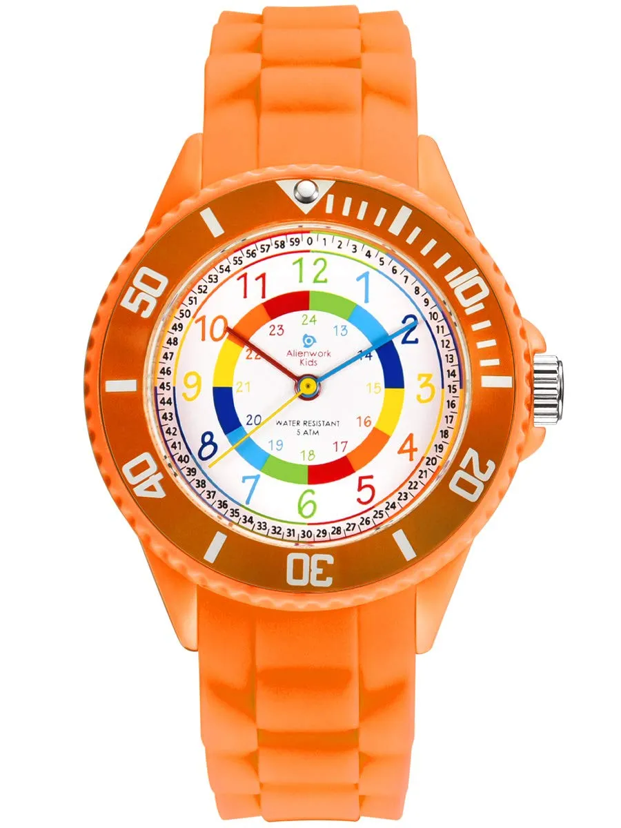 Alienwork Orologio di Apprendimento per Bambini e Ragazze, Arancione, Bracciale in Silicone Multicolore, Impermeabile 5 ATM - immagine 1