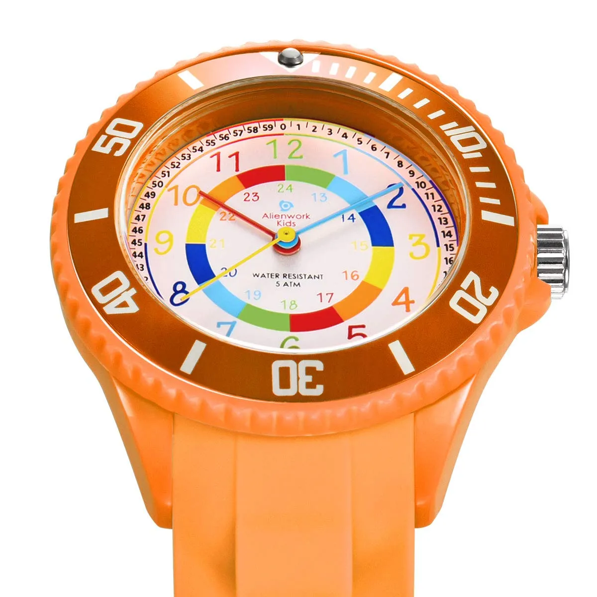 Alienwork Orologio di Apprendimento per Bambini e Ragazze, Arancione, Bracciale in Silicone Multicolore, Impermeabile 5 ATM - immagine 2